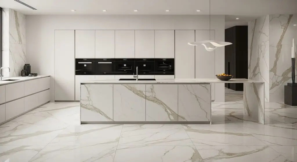 Carrelage porcelaine grand format effet marbre Calacatta Gold ont été utilisées pour le sol de la cuisine et l'ßlot central en cascade.