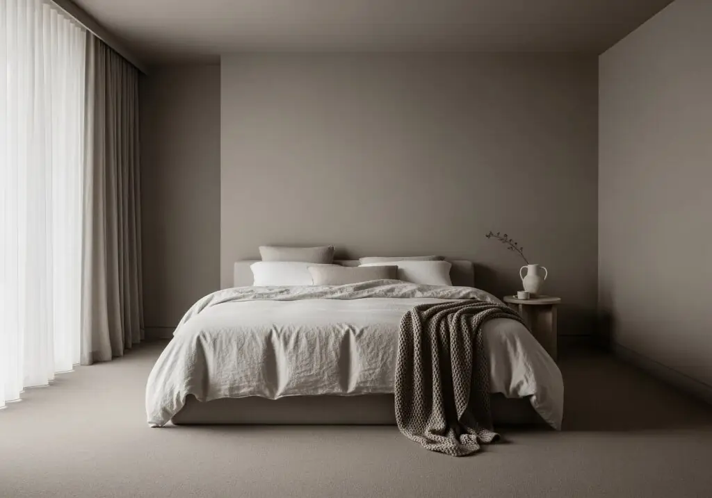 Moquette en laine à poils courts, de couleur taupe uniforme, créant une chambre apaisante, monochrome et minimaliste.