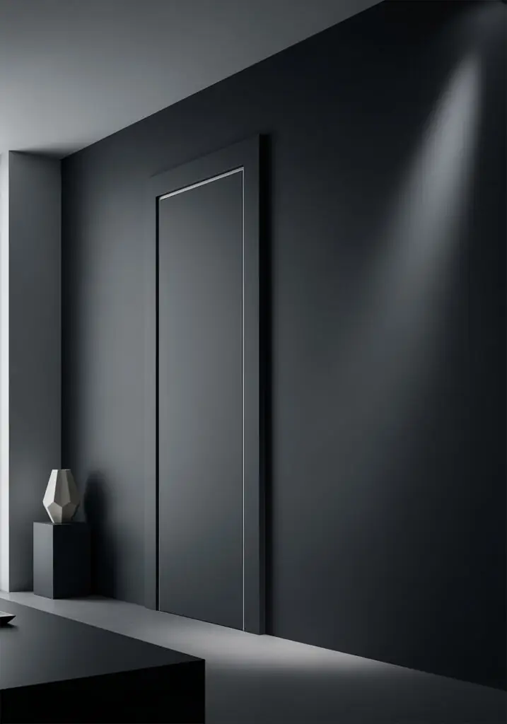 Porte affleurante haute, gris anthracite mat, encastrée dans un mur assorti, utilisant un joint creux au lieu d'une moulure, soulignant une ligne architecturale nette.