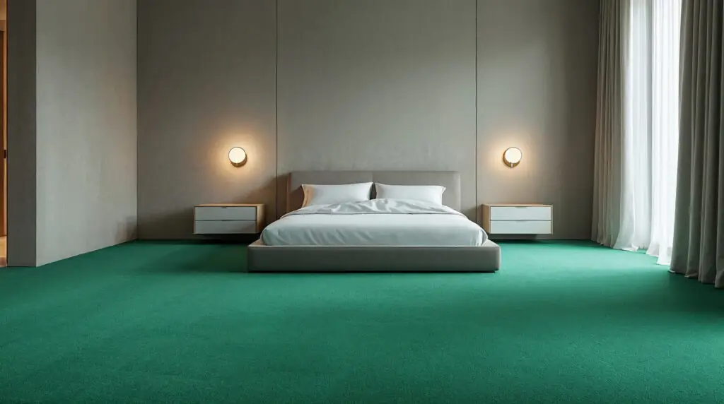 Moquette épaisse et rase vert émeraude recouvrant tout le mur dans une chambre minimaliste avec un lit plateforme et un éclairage tamisé.