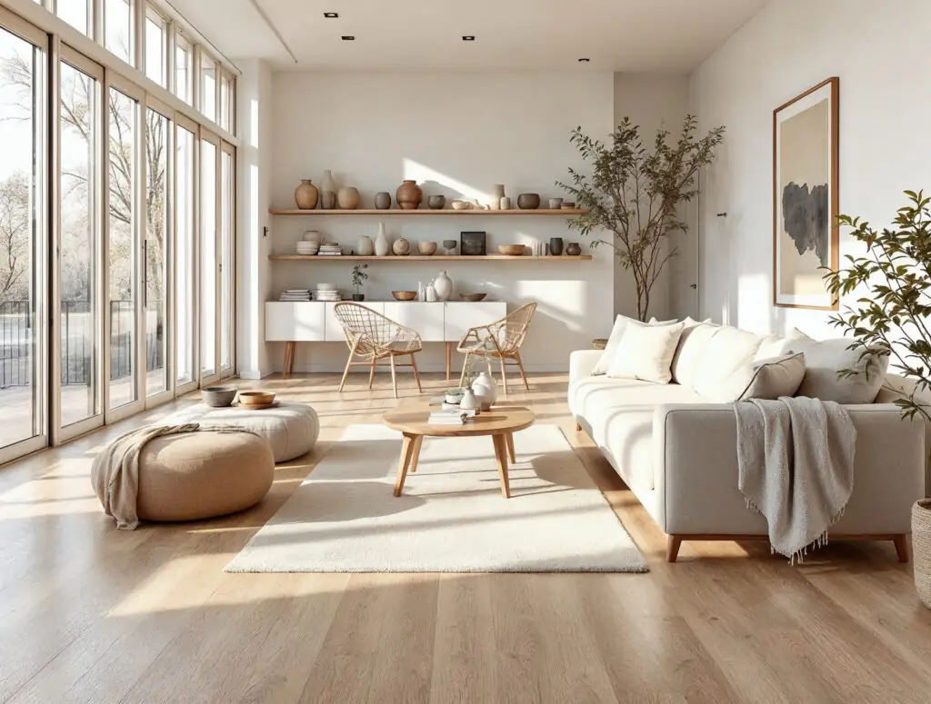 Parquet en chĂȘne massif Ă larges lames, finition mate, couleur miel, salon scandinave avec canapĂ© en lin crĂšme.