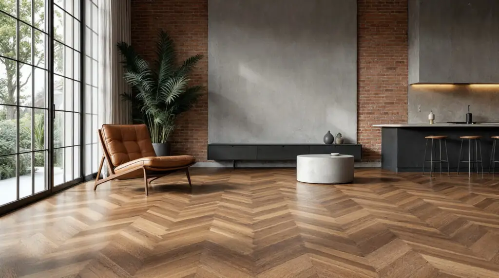 Parquet à point de Hongrie en bois de chùtaignier surdimensionné, avec une texture brossée et une finition mate, dans un espace de vie rustique.