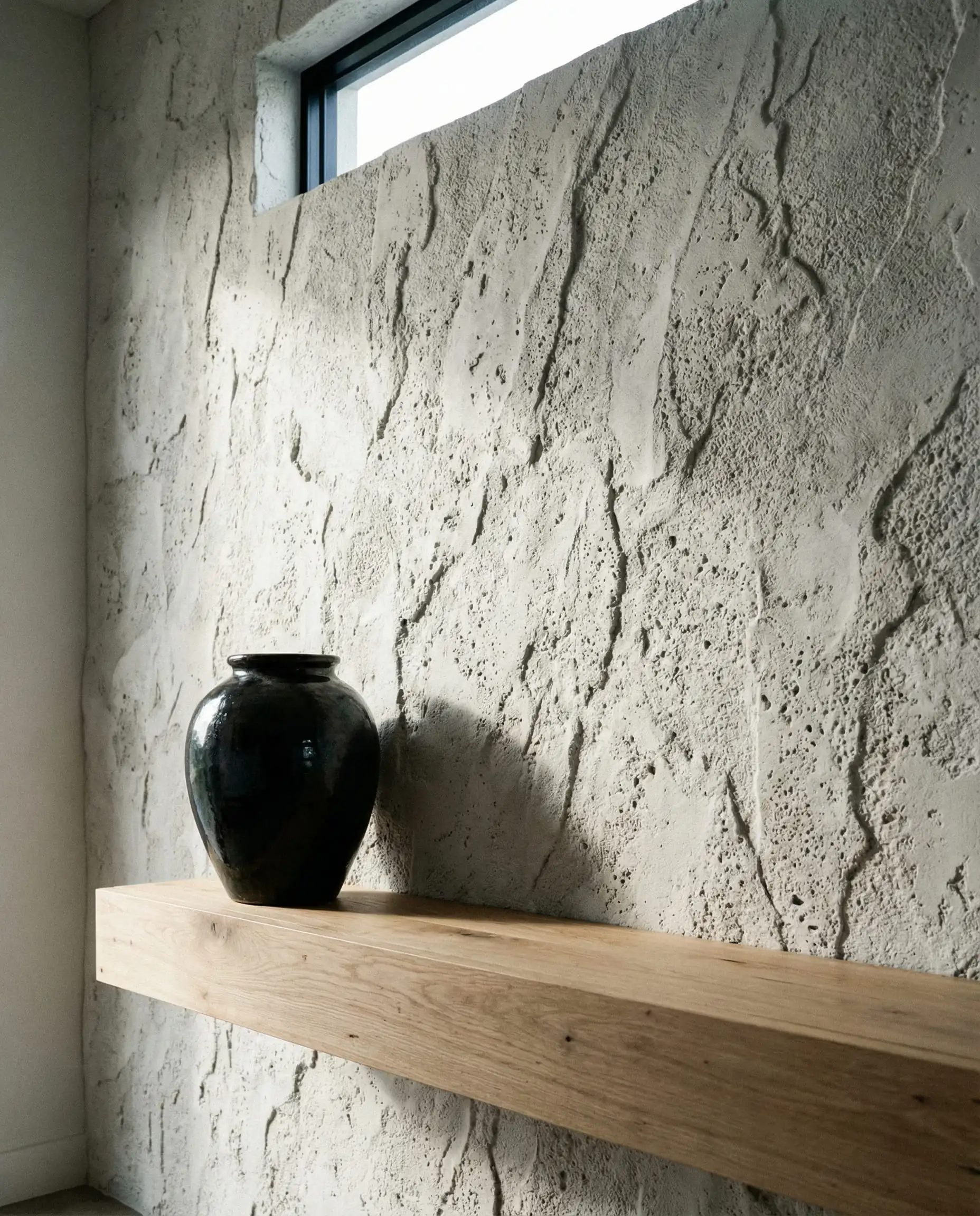 An immersive close-up of a hyper-realistic, 3D embossed wallpaper mimicking rough-hewn, porous limestone. This entryway features Chalky off-white, light grey, and natural blonde wood tones and a grounded, architectural seriousness atmosphere.
