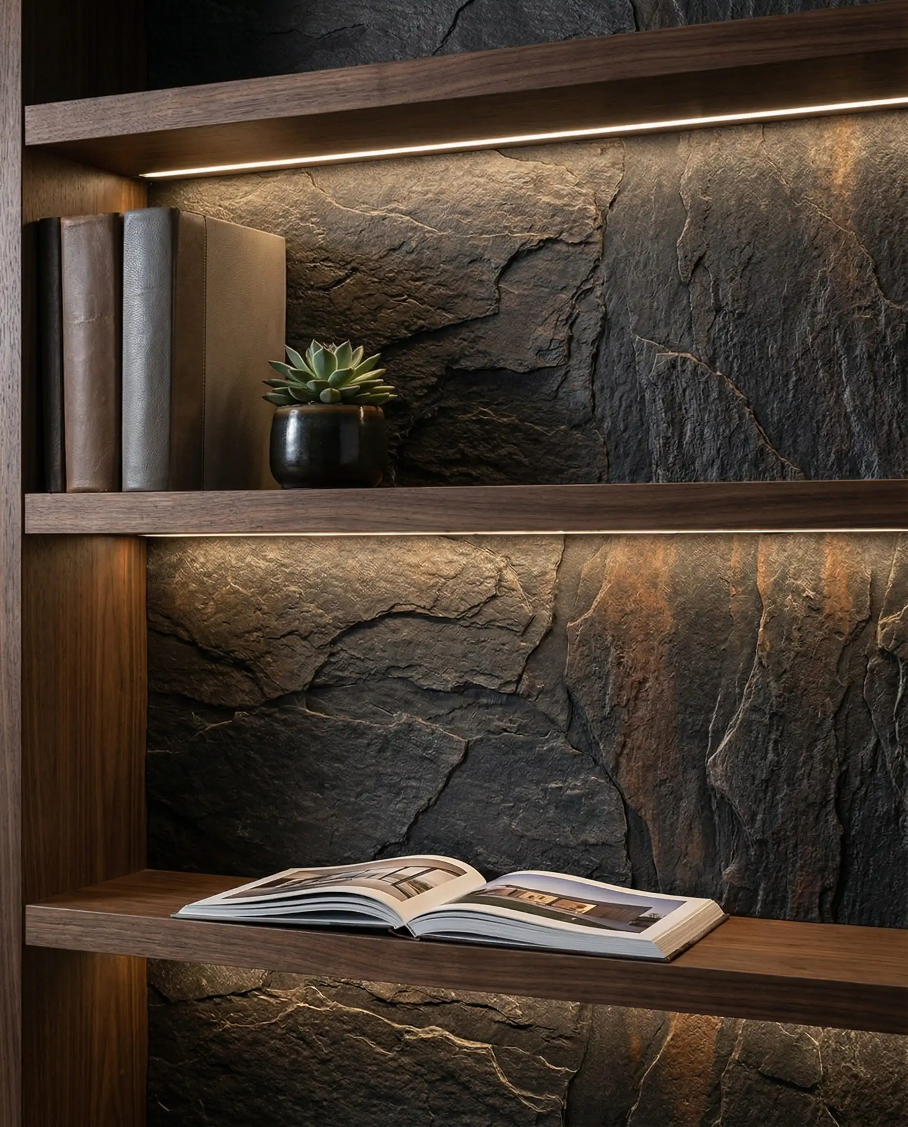 A detail shot of open shelving backed by a rich, dark slate-effect 3D wallpaper. This interior features Charcoal grey, burnt umber, and dark walnut wood tones and a sophisticated, moody, architectural atmosphere.