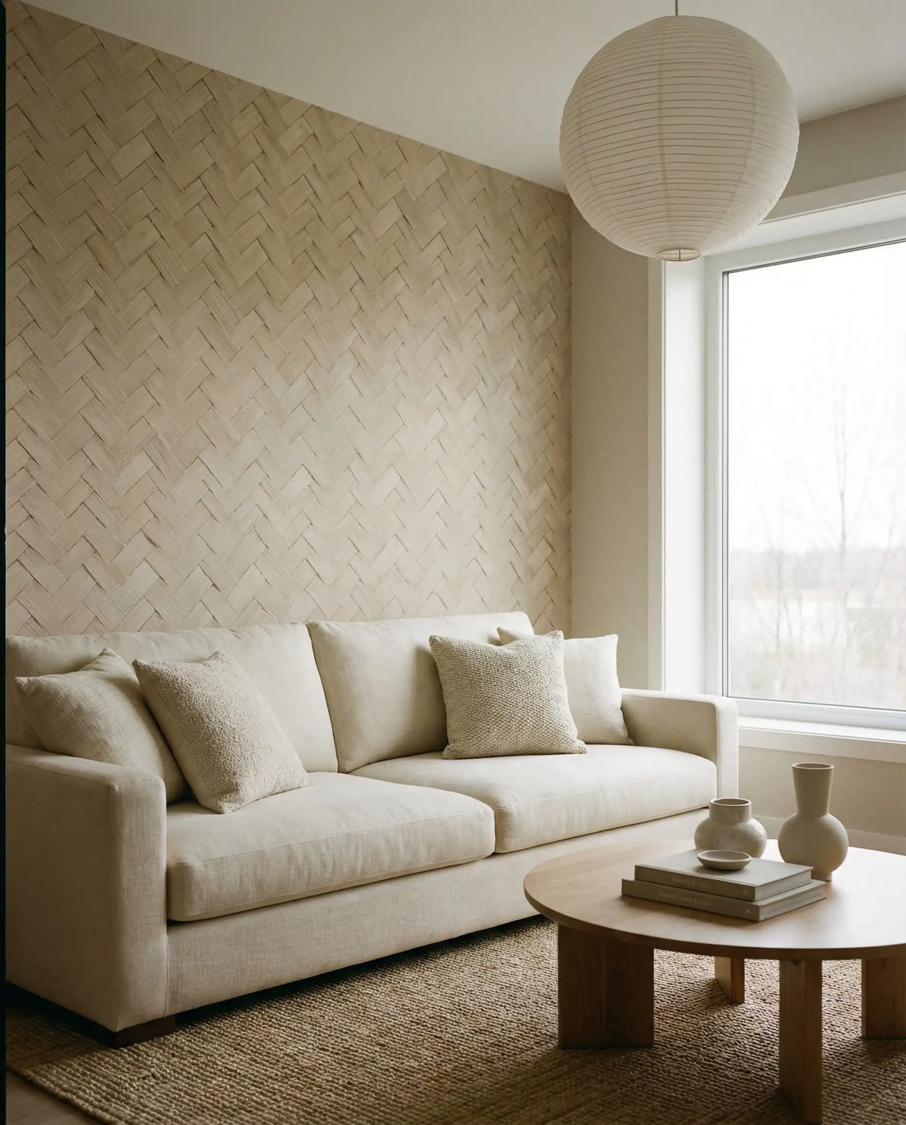 A serene living area featuring an accent wall of woven rattan-effect 3D wallpaper in a natural, matte beige. This living area features Natural sand, warm beige, and bright white linen tones and a japandi, haptic, relaxed elegance atmosphere.