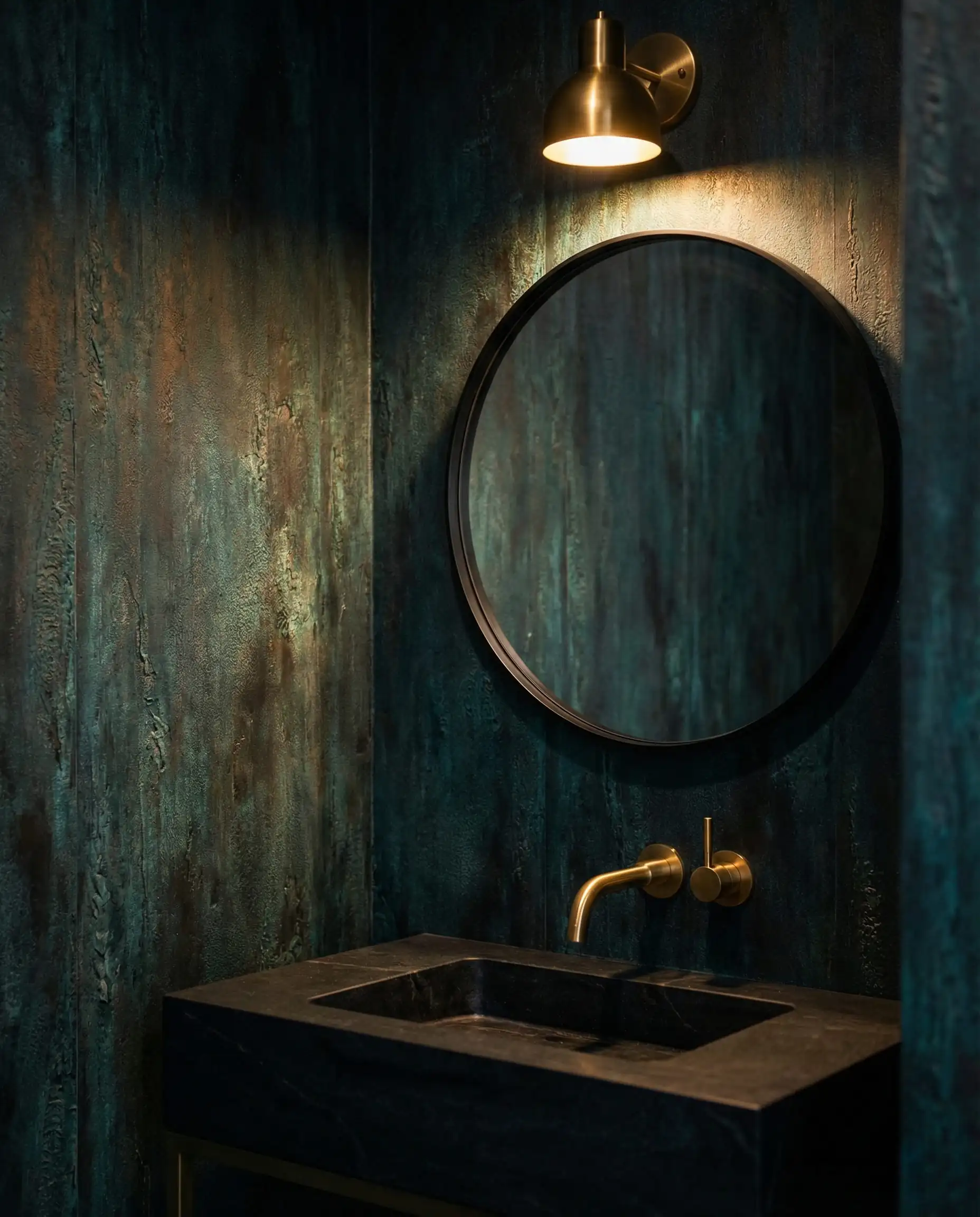 A chic powder room where all walls are covered in a dark, oxidized metal-effect wallpaper with a subtle verdigris patina. This powder room features Deep, moody teal, tarnished copper green, and polished warm brass tones and a luxurious, introspective, jewel box atmosphere.