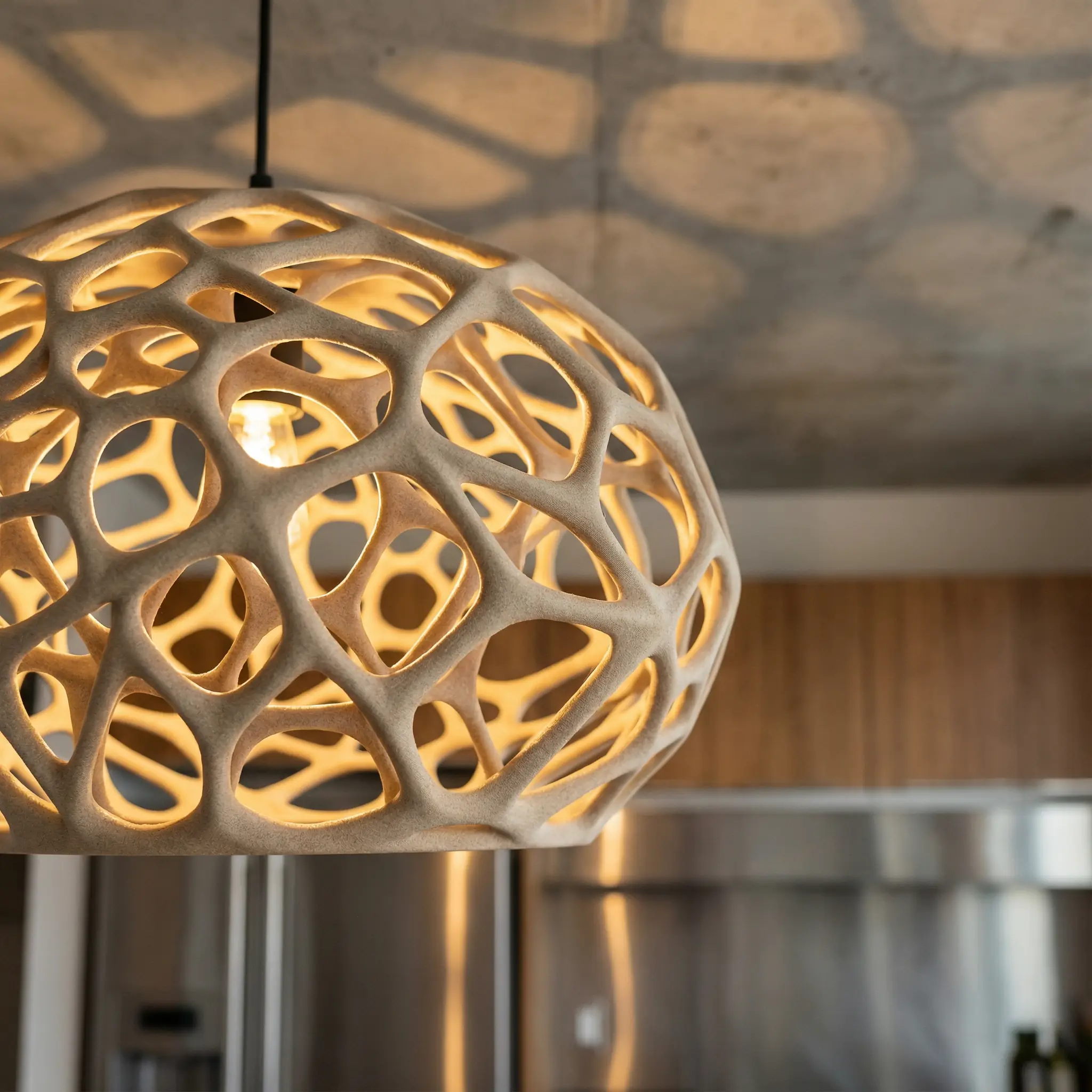 Close-up of an intricate 3D-printed bio-resin pendant light casting complex geometric shadows on the ceiling.
