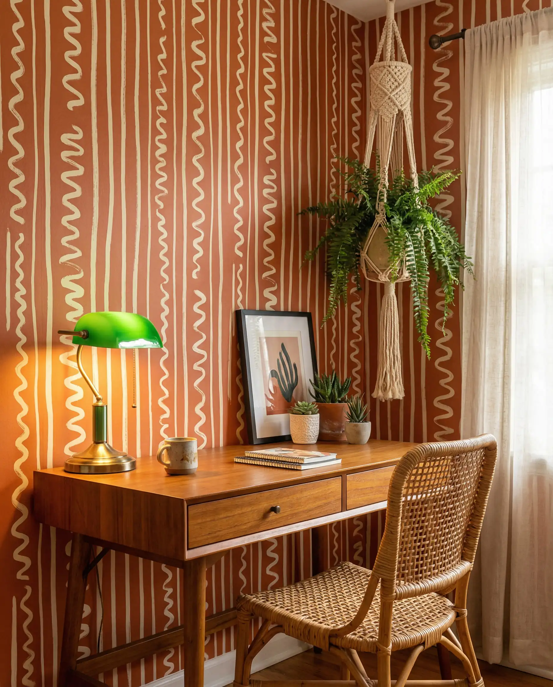 Bureau à domicile avec papier peint à motif ondulé dessiné à la main, inspiré des années 70, orange brûlé et crème.