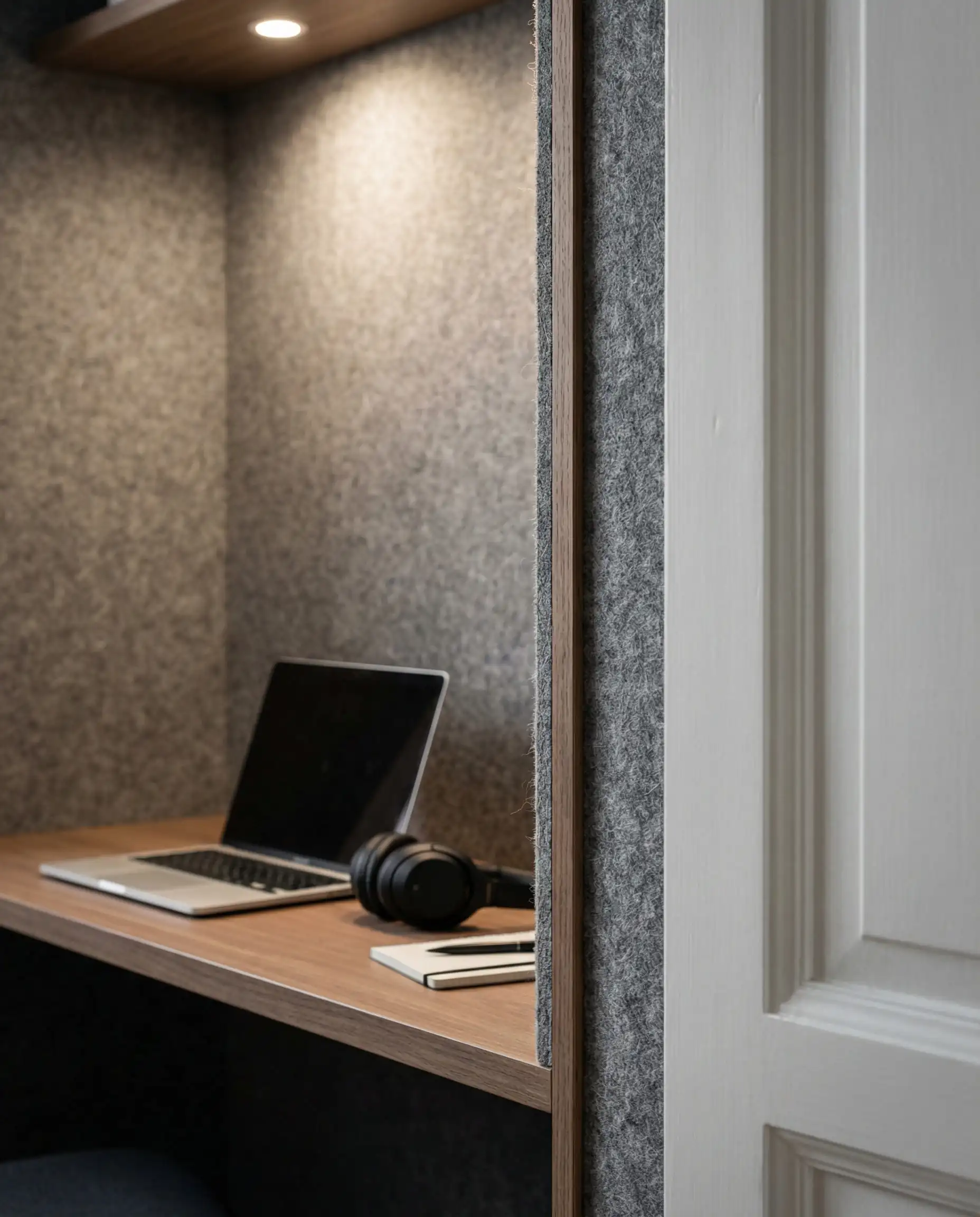Close-up of thick grey acoustic felt wallpaper in a home office zone within a living room.