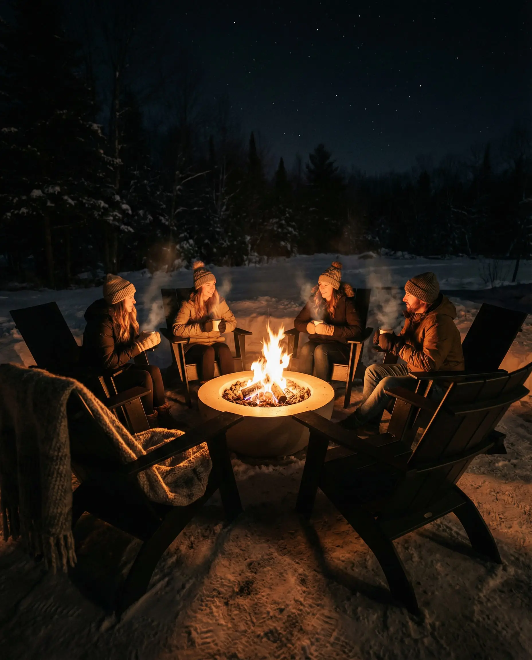 Four black Adirondack chairs arranged around a concrete fire bowl at night.