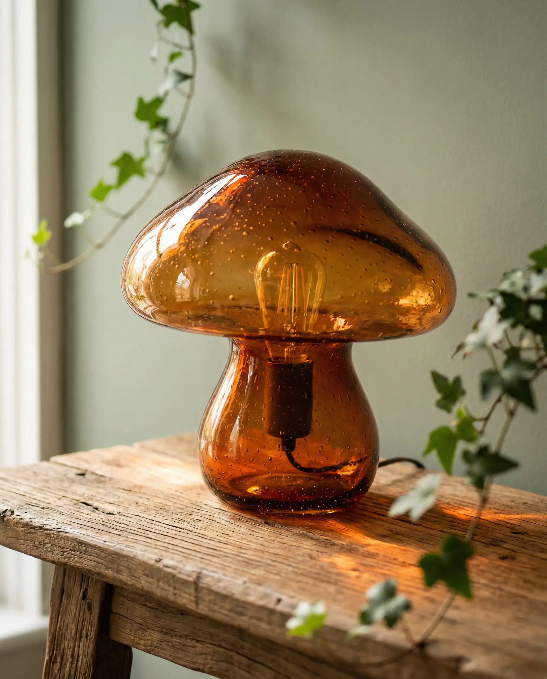 Close-up of a mouth-blown amber glass table lamp with an abstract toadstool silhouette and seeded texture, styled on a rustic oak console.