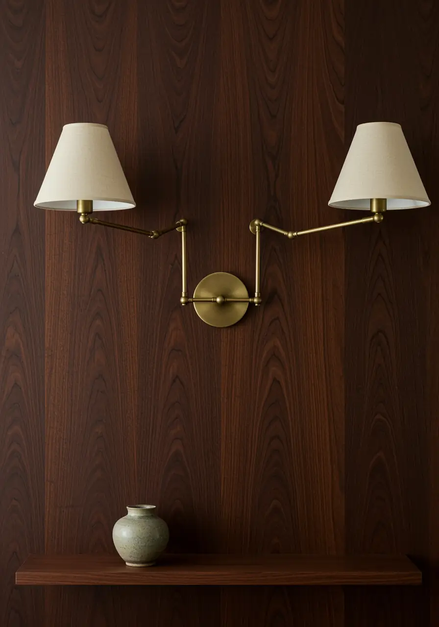 A pair of unlacquered brass articulating wall sconces with linen shades are mounted on dark walnut wood paneling.