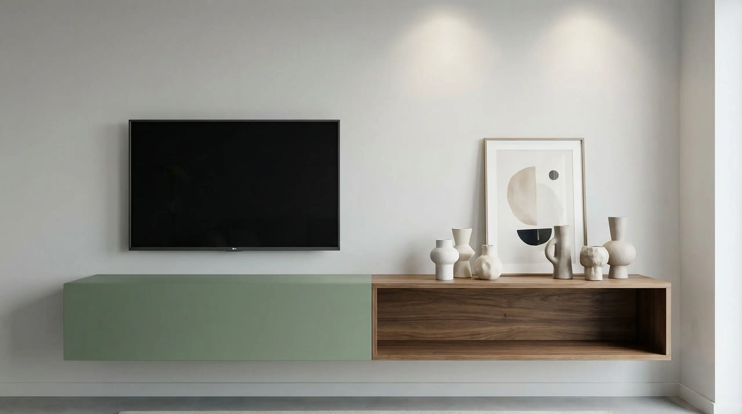 Modern asymmetrical floating media unit featuring a matte sage green cabinet on the left and a long open walnut shelf on the right.