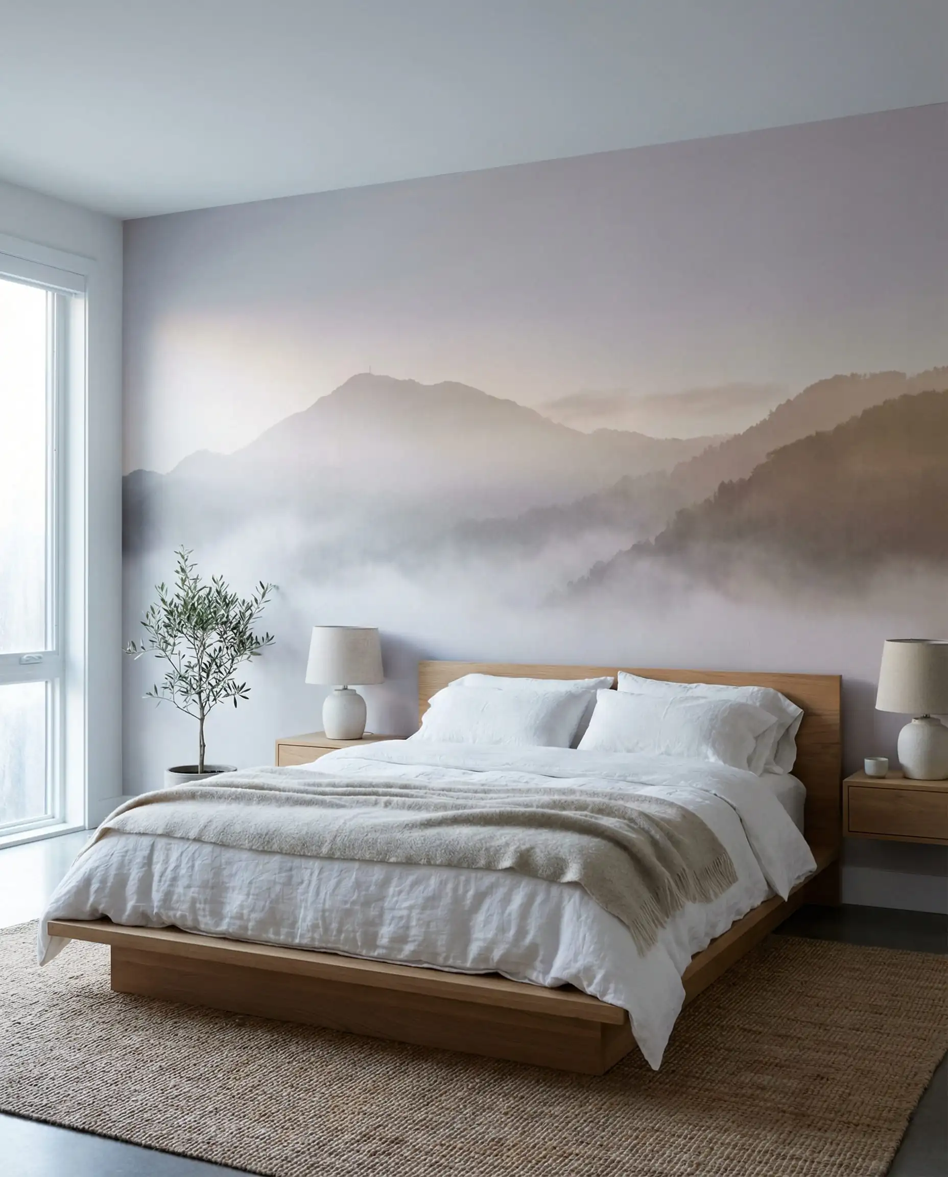 A serene bedroom with a misty, large-scale landscape mural. This bedroom features Foggy greys, pale lavender, and sepia tones tones and a tranquil, ethereal, calming atmosphere.
