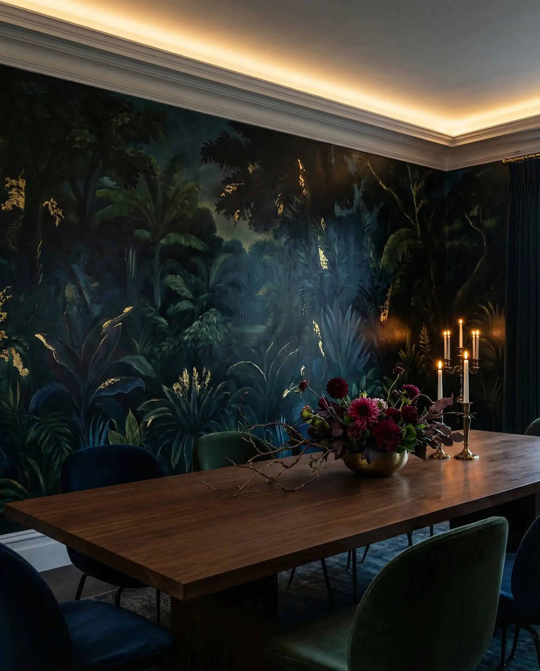 A full-wall, large-scale mural wallpaper depicting a moody, deep midnight jungle landscape. This dining room features Deep forest green, black, dark indigo, and gold accents tones and a atmospheric, dramatic, transportive atmosphere.