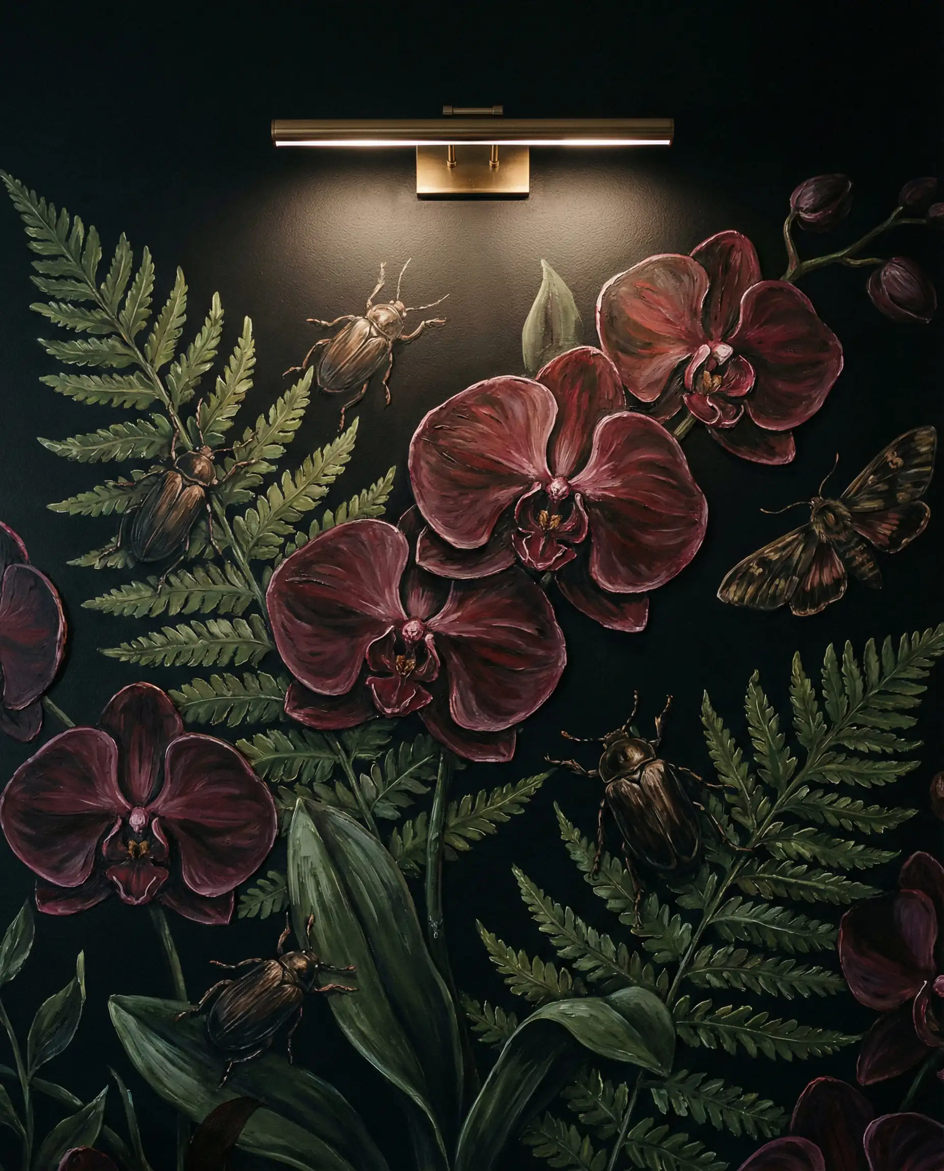 A detail shot of a mural featuring a 'Botanical Darkness' theme: oversized, dark-hued flora and fauna on a deep, dark grey/black background. This interior features Deep black, moss green, blackened crimson, and dark bronze tones and a moody, introspective, luxurious atmosphere.