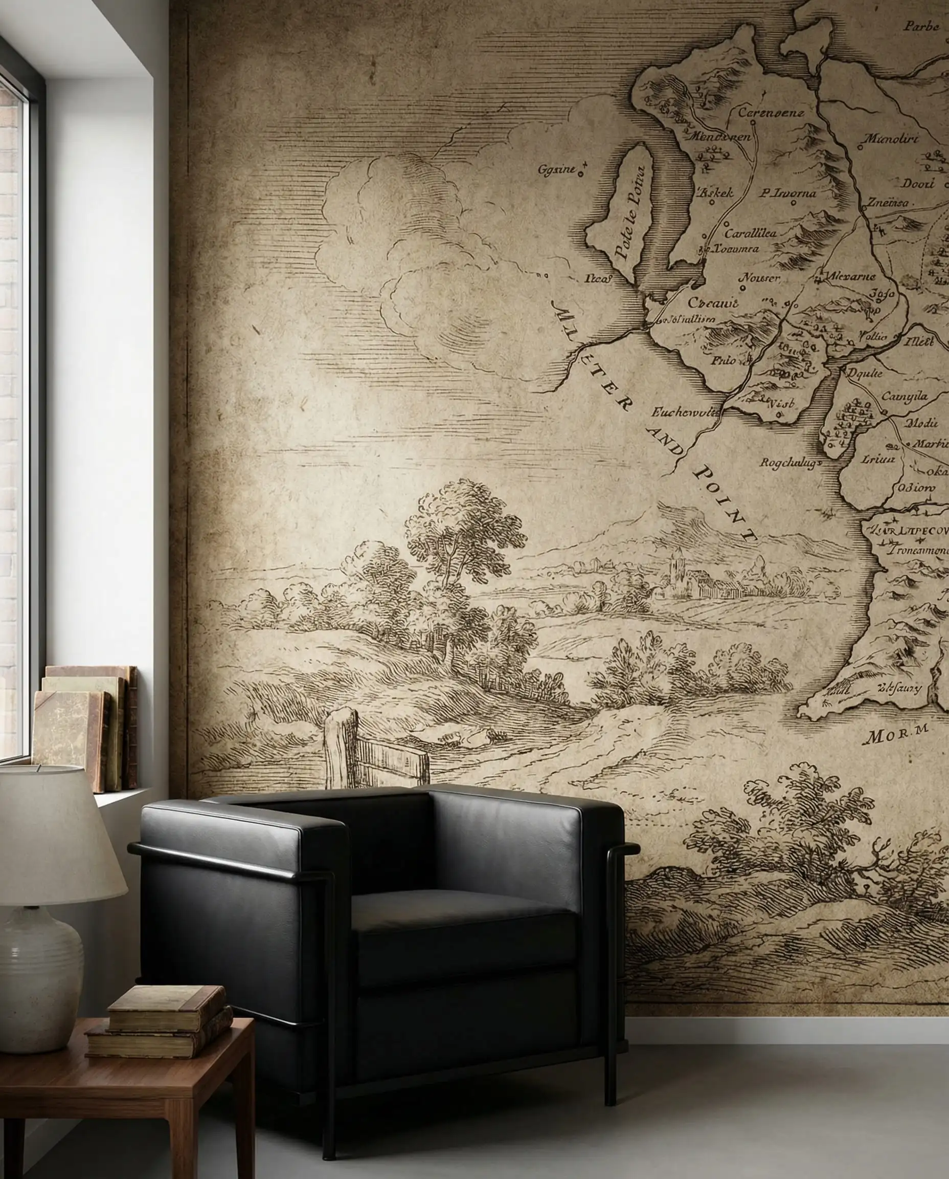 A modern office with an artistic mural depicting a vast, antique etched map or pastoral landscape. This office features Sepia, deep black etching, and soft cream/parchment base tones and a conversational, historical, intellectual atmosphere.