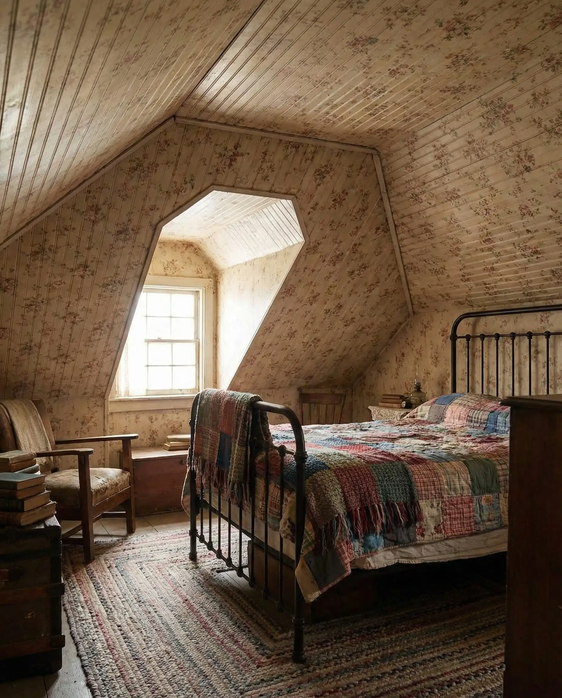 Chambre mansardée douillette avec papier peint floral vintage recouvrant le plafond incliné et les avant-toits.