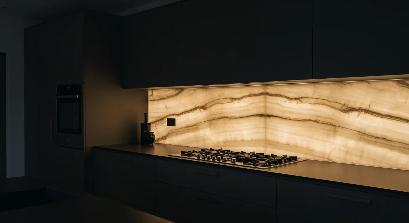 A minimalist kitchen features a glowing, backlit Patagonia onyx backsplash and dark, handleless cabinetry.