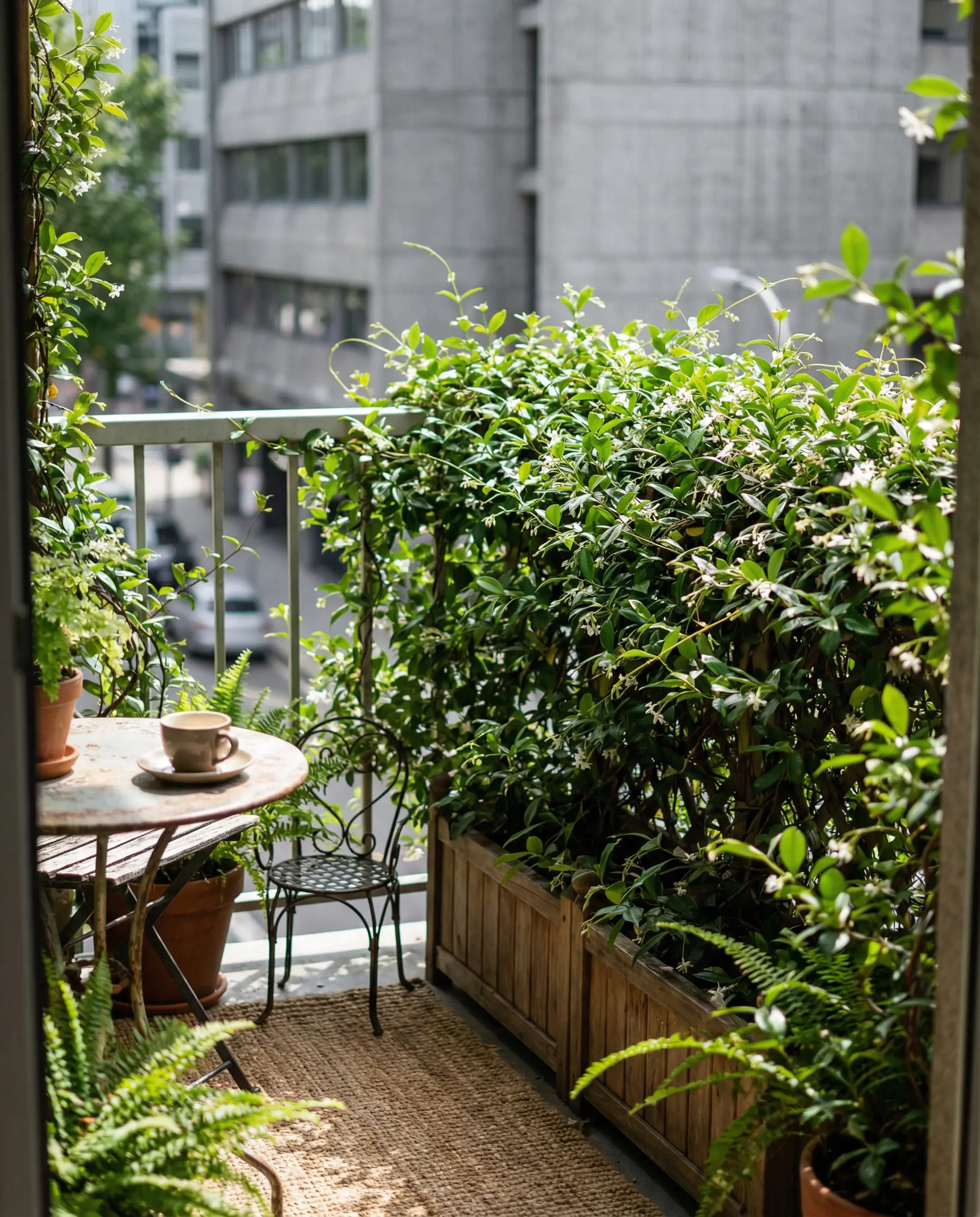 Balcony privacy screen covered in growing star jasmine vines blocking the city view.