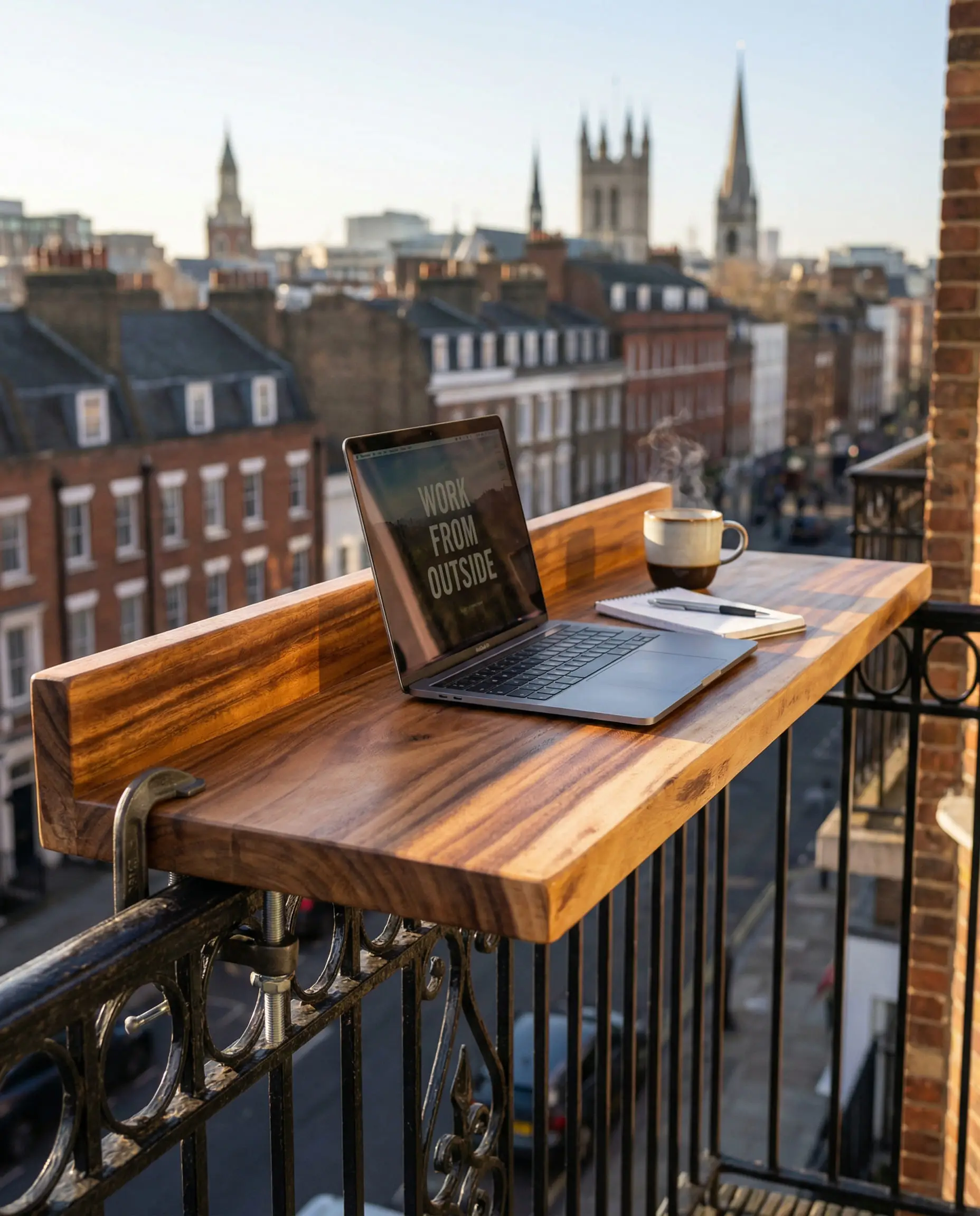 Wood bar table clamped onto a metal balcony railing with a coffee cup.