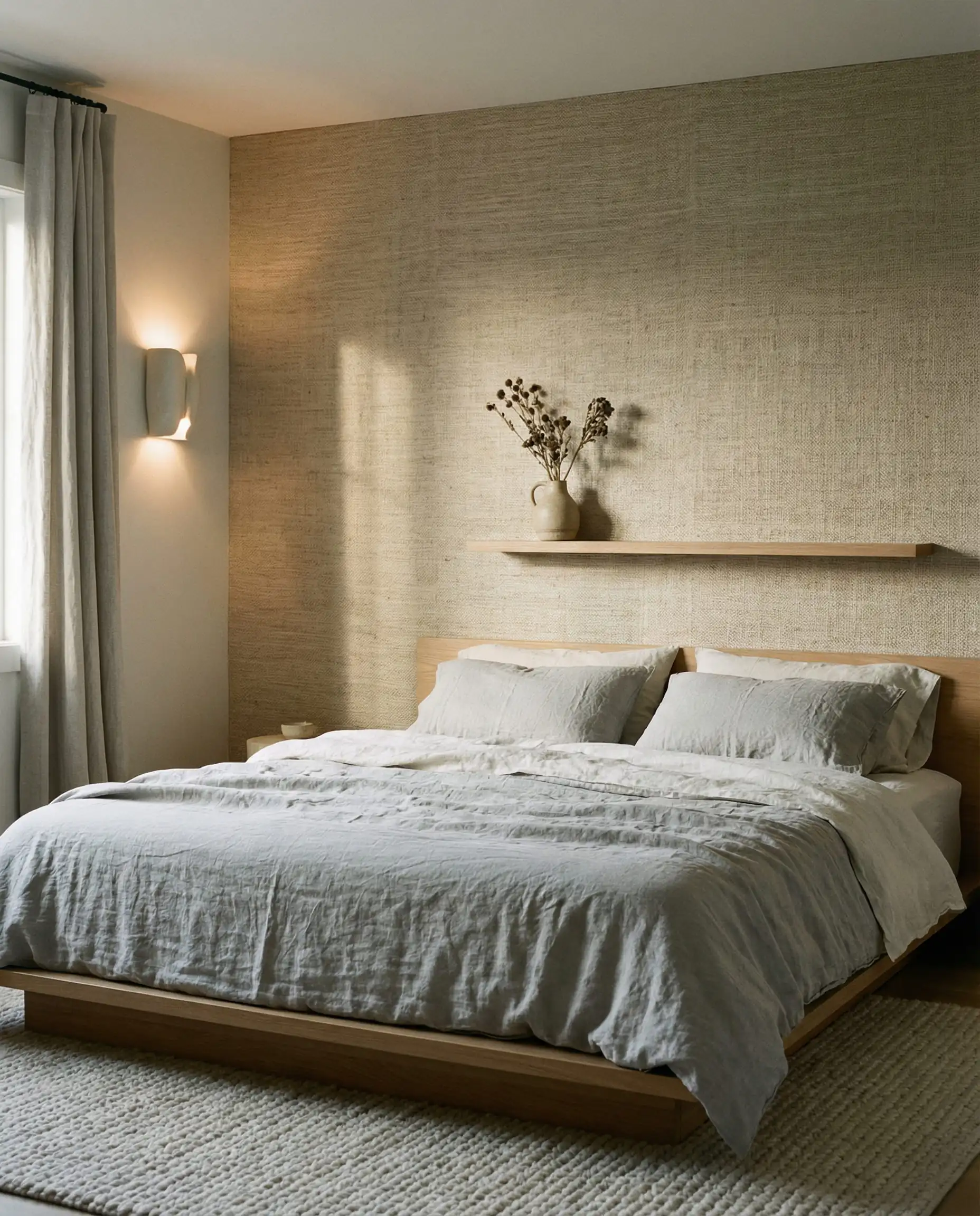 A serene bedroom with the accent wall behind the bed covered in a heavy, natural-toned linen grasscloth wallpaper. This bedroom features Muted silver-grey, soft bone white, and natural wood tones tones and a sanctuary, tranquil, haptic atmosphere.
