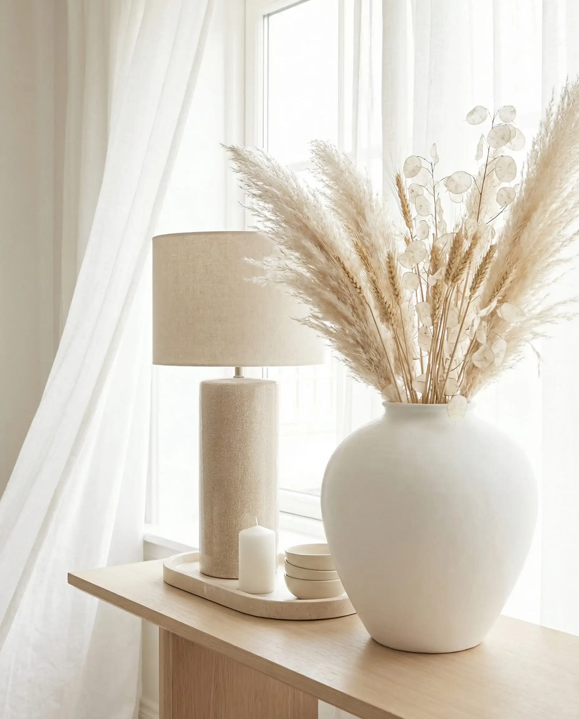 Monochromatic Japandi vignette featuring a beige ceramic lamp next to a large vase of dried pampas grass.