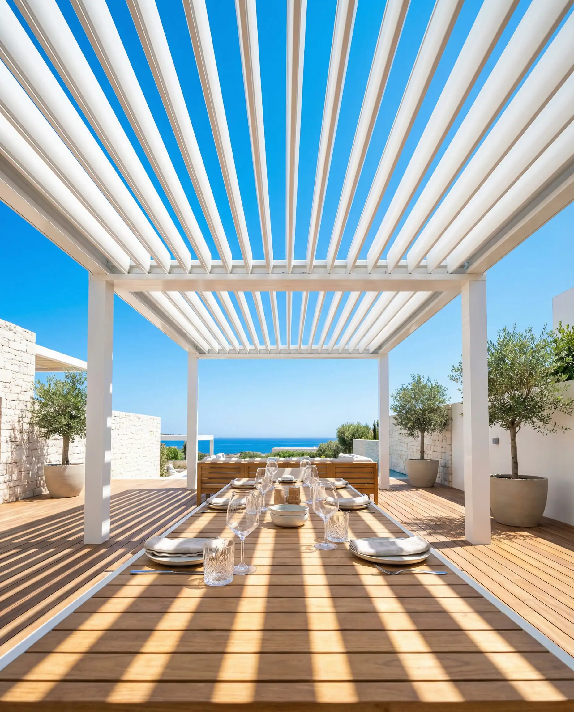 White aluminum bioclimatic pergola with roof louvers open to let sunlight through.