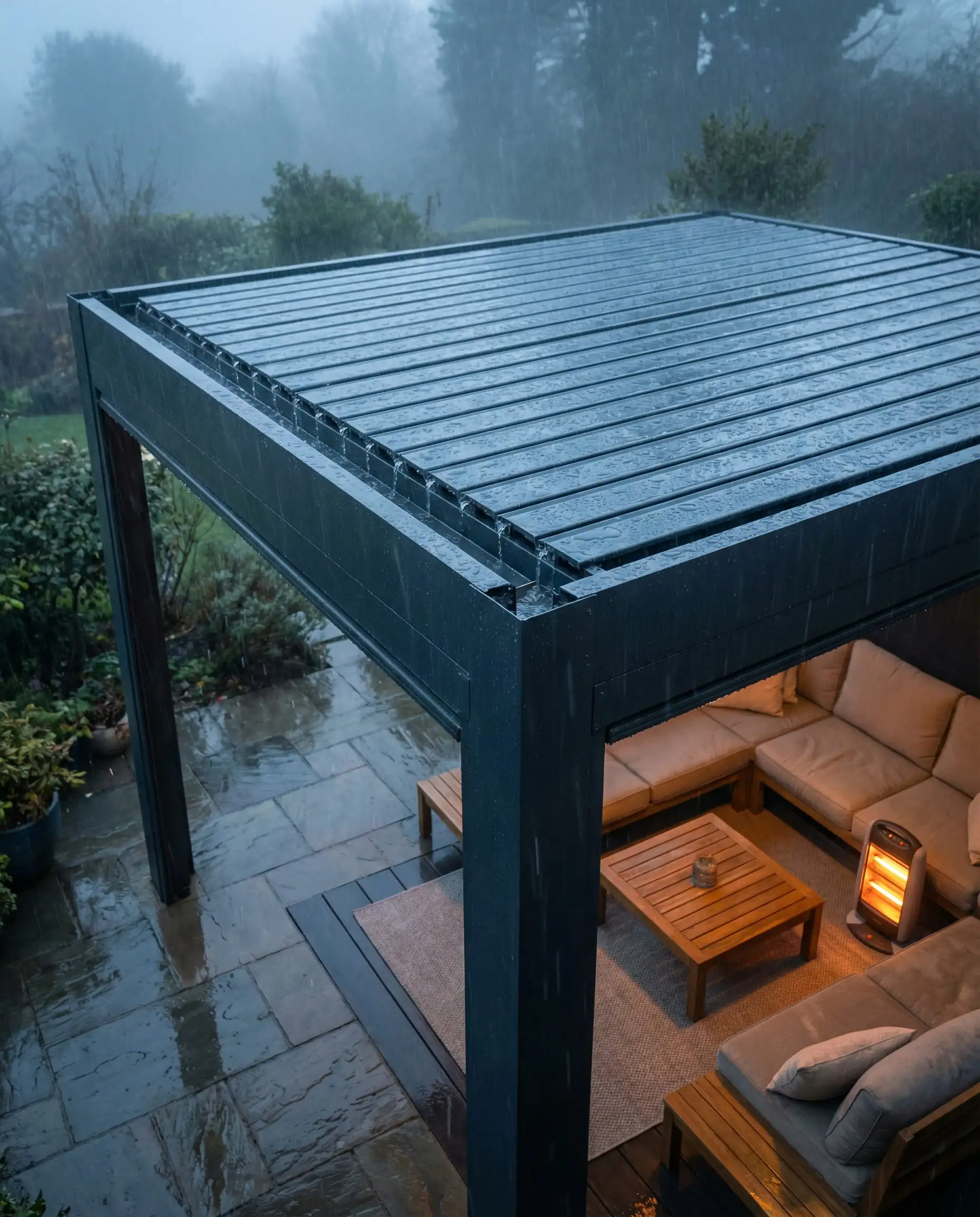Bioclimatic pergola with louvers closed during a rainstorm, keeping the furniture underneath dry.