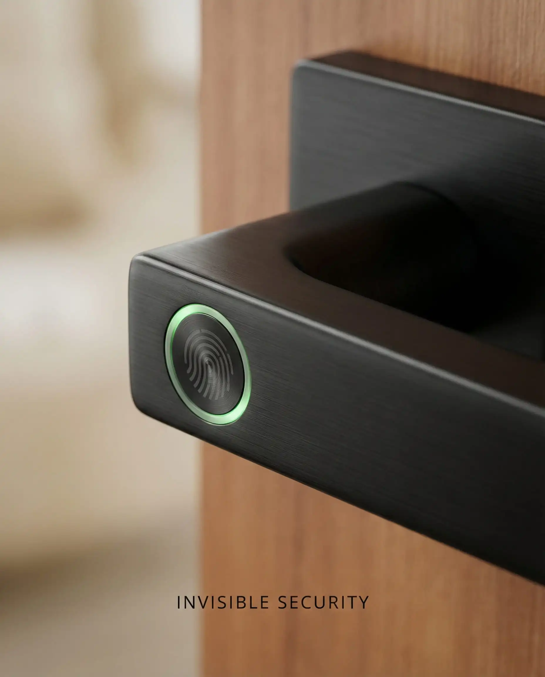 Matte black door handle with integrated fingerprint sensor and small green LED light.