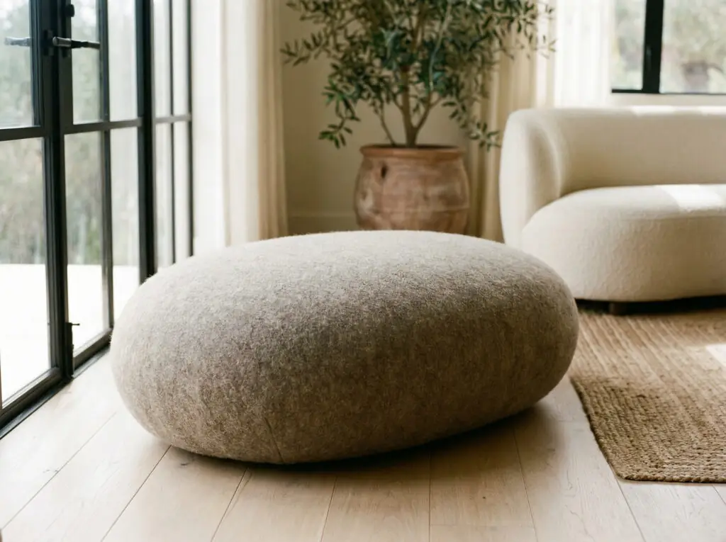 Grand pouf asymétrique biomorphique en forme de galet lisse, recouvert de laine feutrée grise texturée, posé sur un parquet en chêne clair dans un salon de style Japandi.