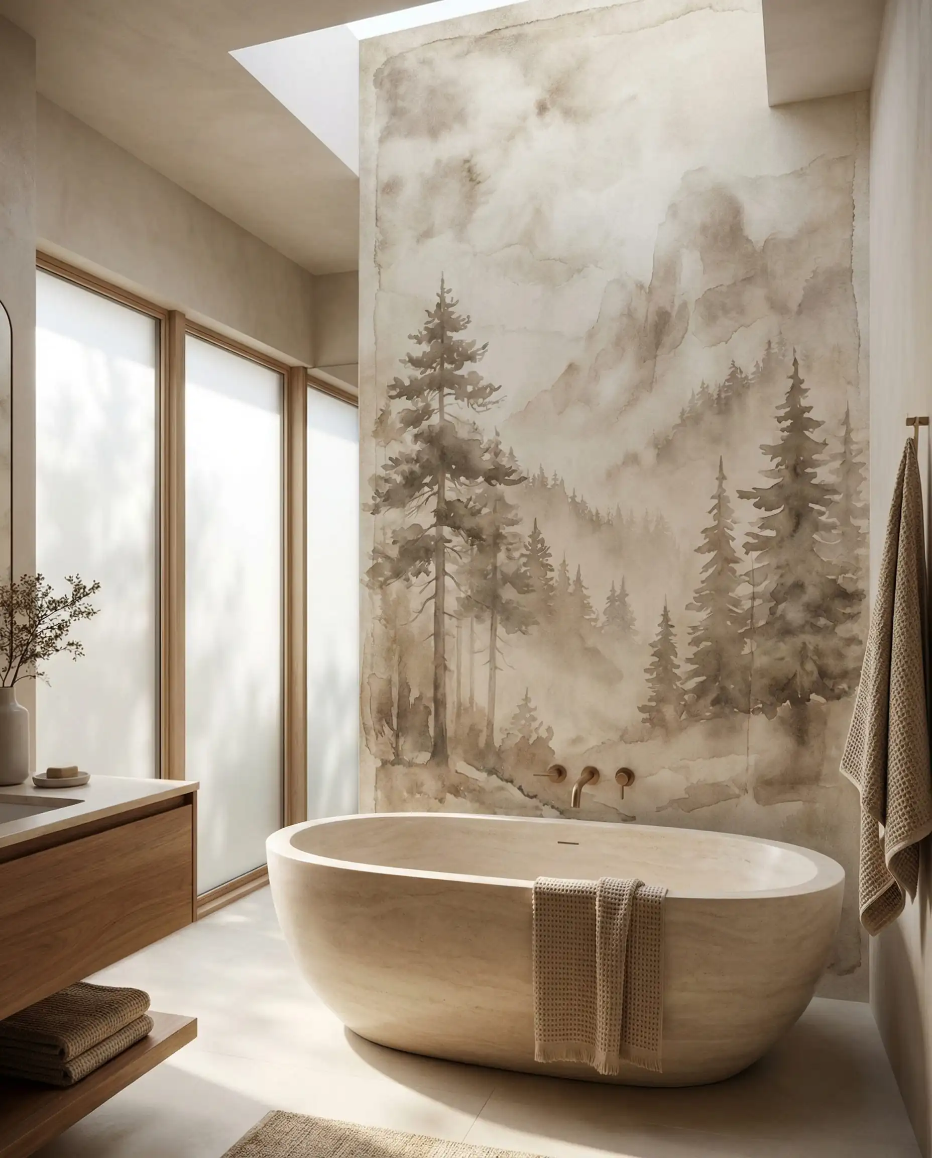 Une salle de bain principale luxueuse avec un mur entier dominé par une murale biophilique panoramique du sol au plafond.