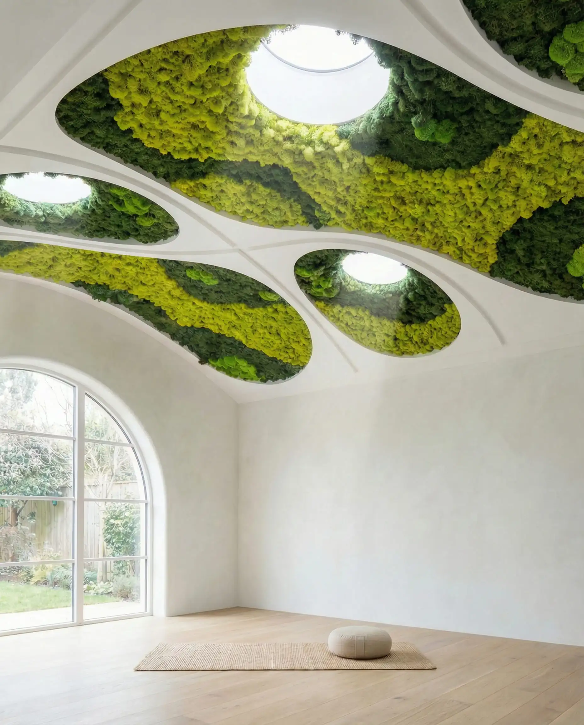Salle de bien-être avec un faux plafond en plâtre blanc contenant des îlots encastrés de mousse verte préservée et des puits de lumière.
