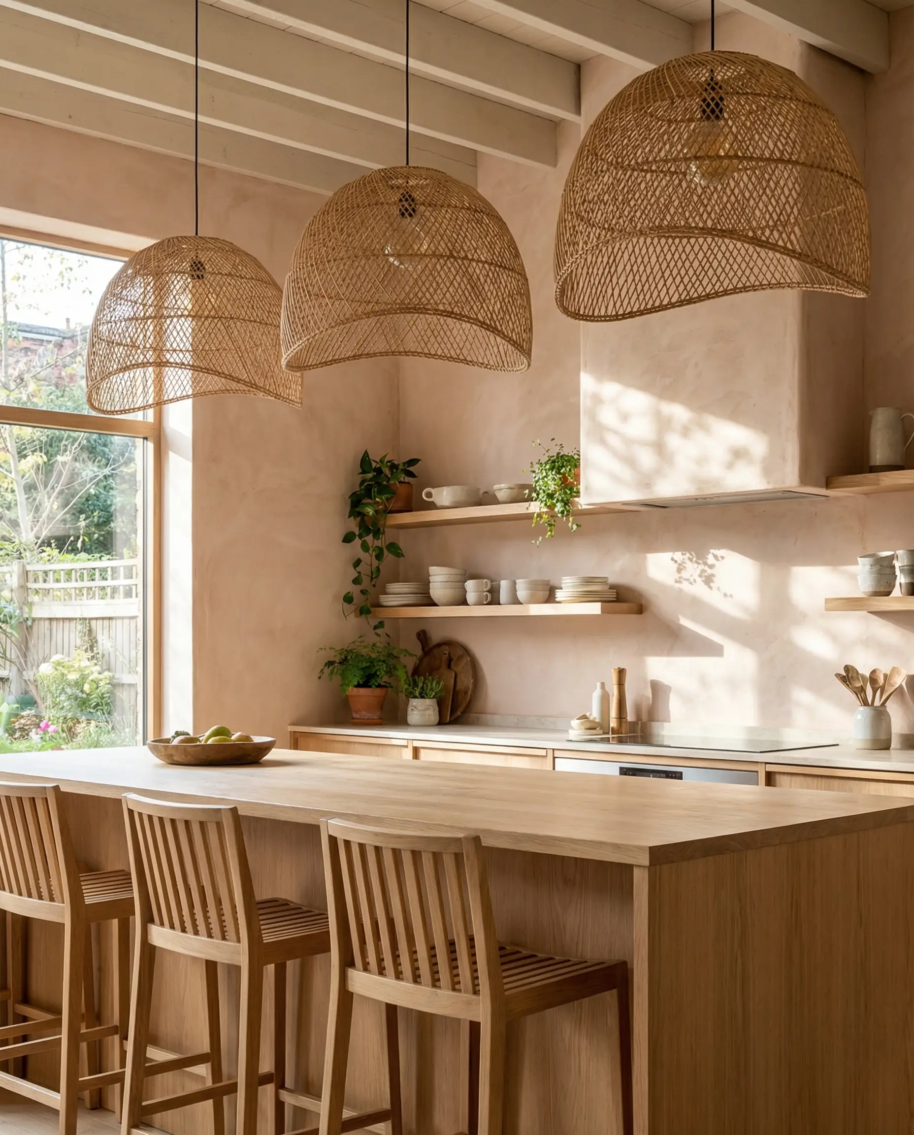 Three large woven rattan pendants hang in a natural kitchen with raw clay walls and a light wood island.