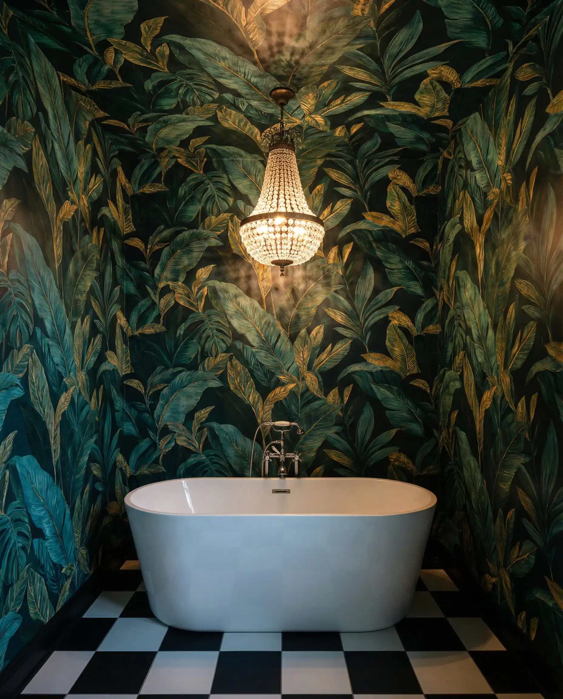 Salle de bain avec papier peint botanique audacieux recouvrant tous les murs et le plafond.