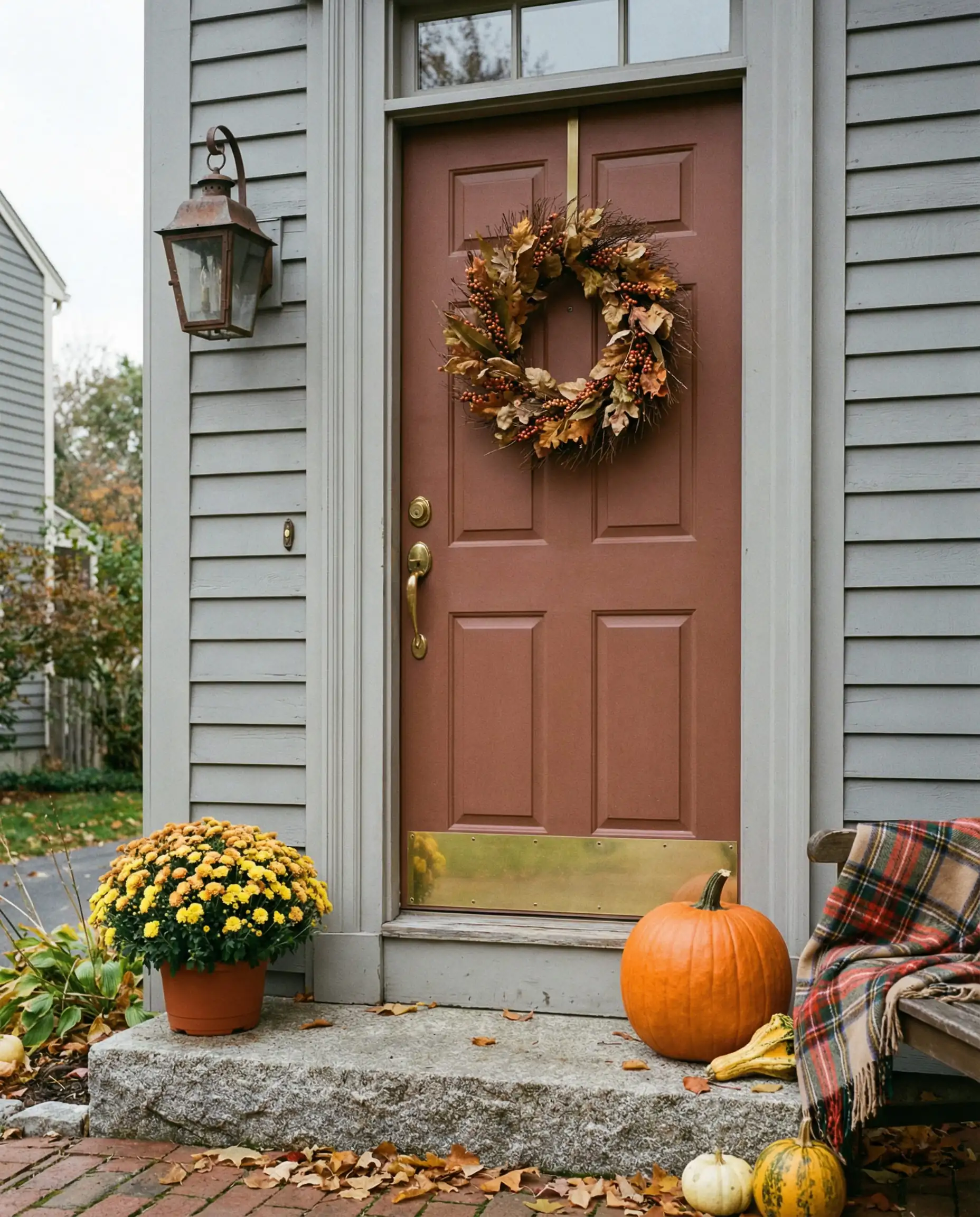 Traditional front door painted in muted Brick Red with autumn decorations and pumpkins.