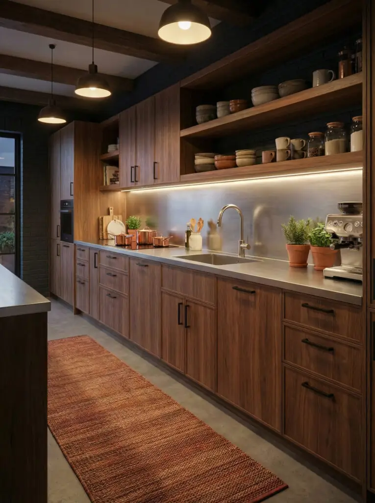 Cuisine de style chef avec un comptoir en acier inoxydable brossé et un évier intégré, associés à des armoires en bois de noyer chaleureux.