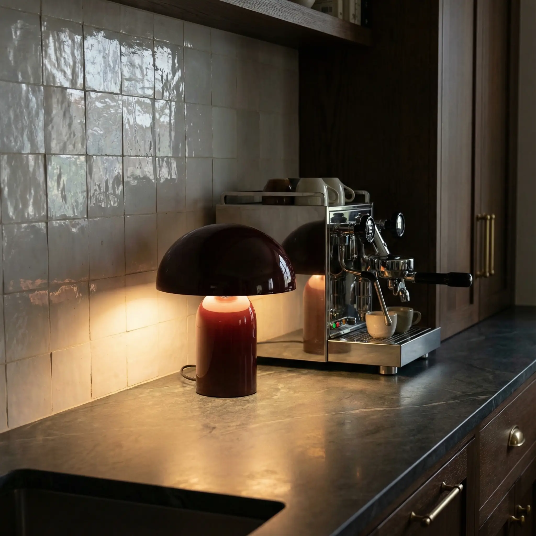 A glossy burgundy mushroom-shaped portable lamp sits on a soapstone kitchen counter next to an espresso machine.
