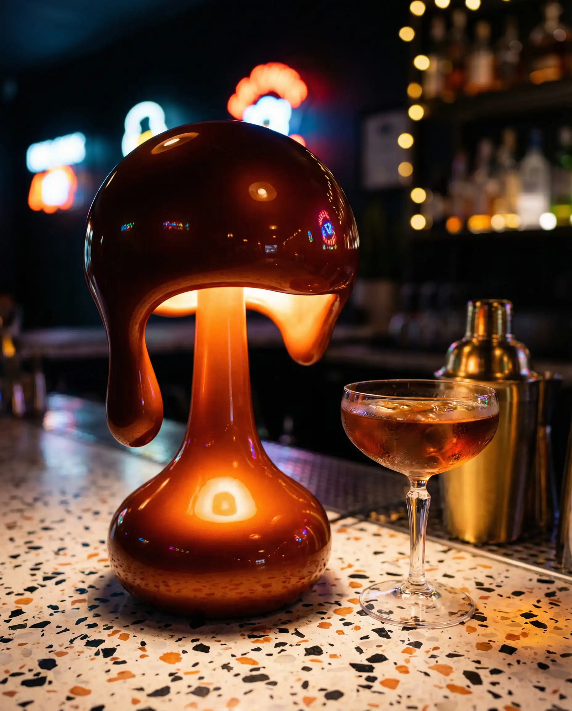 Curvaceous burnt orange table lamp with a wet liquid look finish, styled in a moody lounge setting with a cocktail.