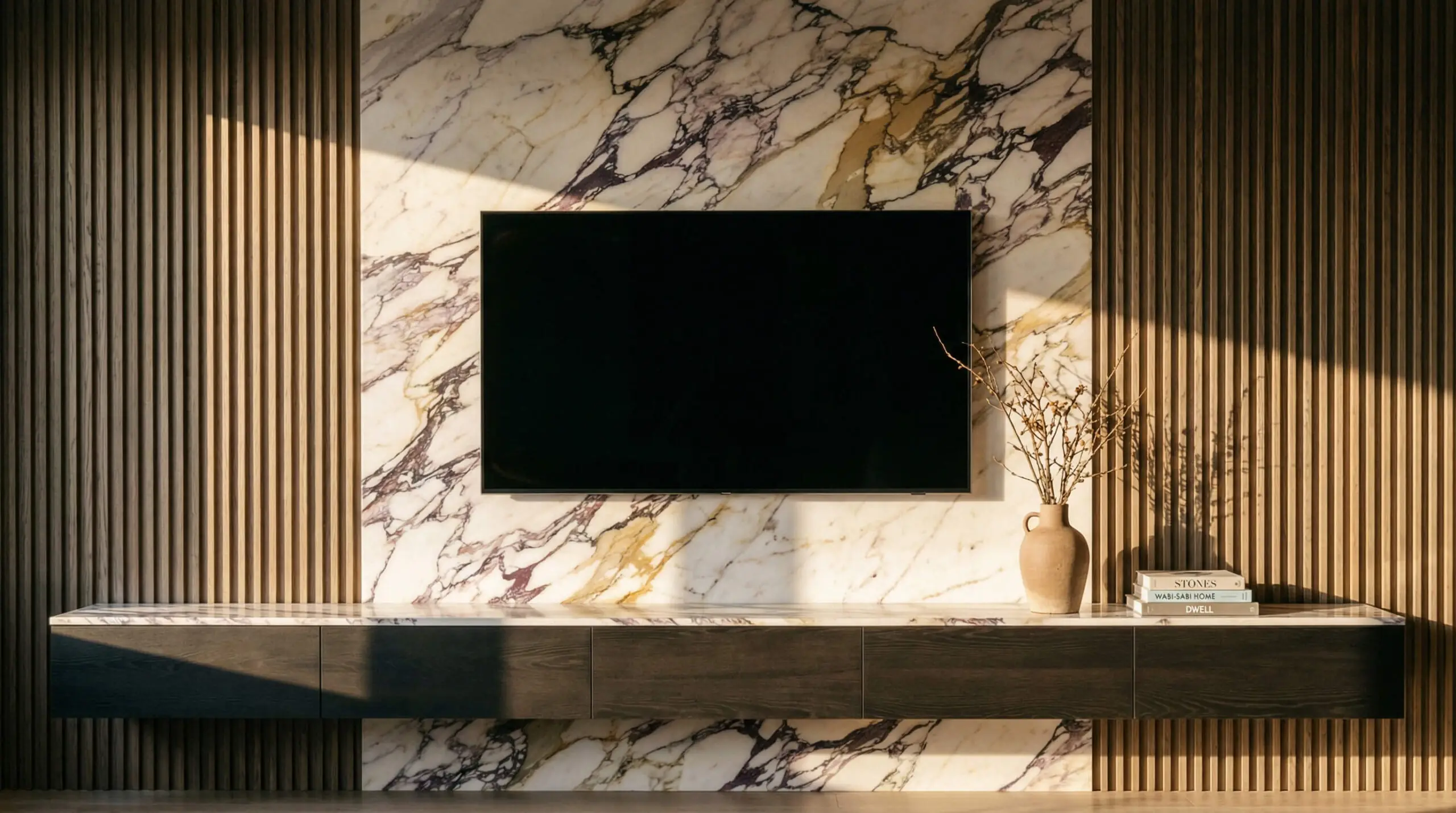 Ultra-luxury media wall design featuring a central slab of Calacatta Viola marble flanked by vertical fluted ash wood panels.