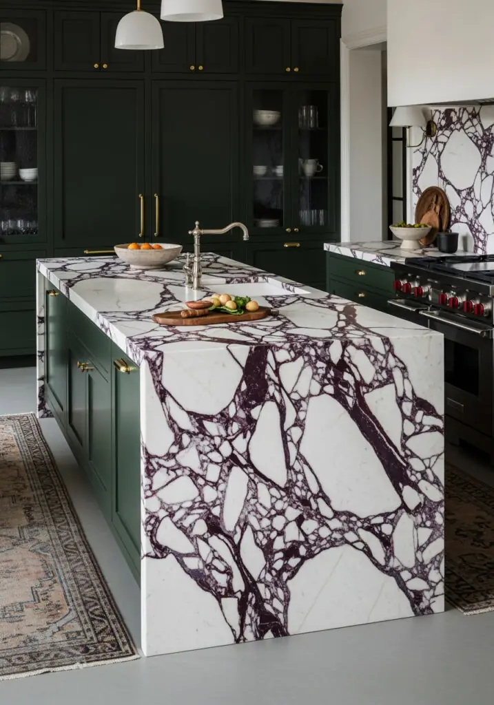 Îlot de cuisine spectaculaire revêtu de marbre Calacatta Viola aux veines bordeaux et violettes profondes, contrastant avec des armoires sombres et élégantes.
