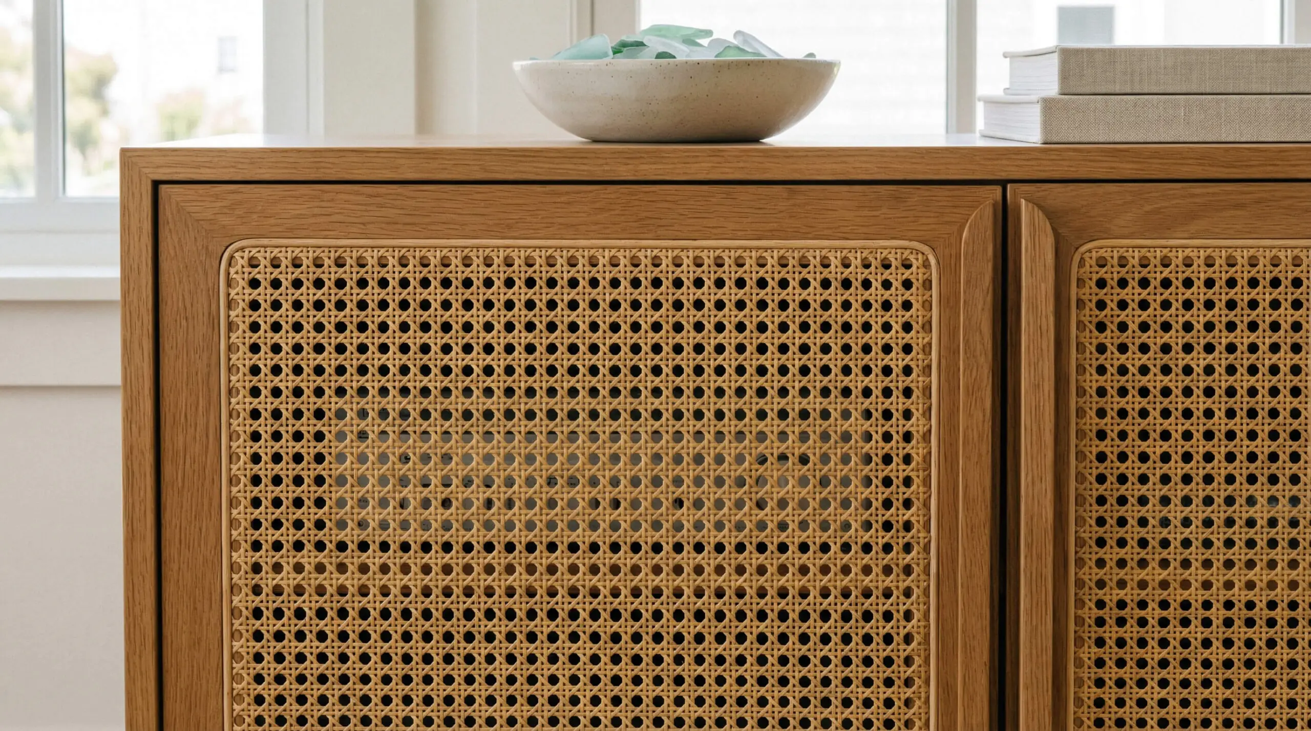 Close-up detail of hexagonal woven cane webbing (rattan) doors on a warm oak media console.