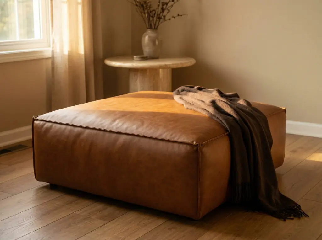 Grand pouf carré recouvert de cuir lisse couleur caramel, sur lequel est drapé un jeté en cachemire marron, posé sur un parquet en chêne clair.