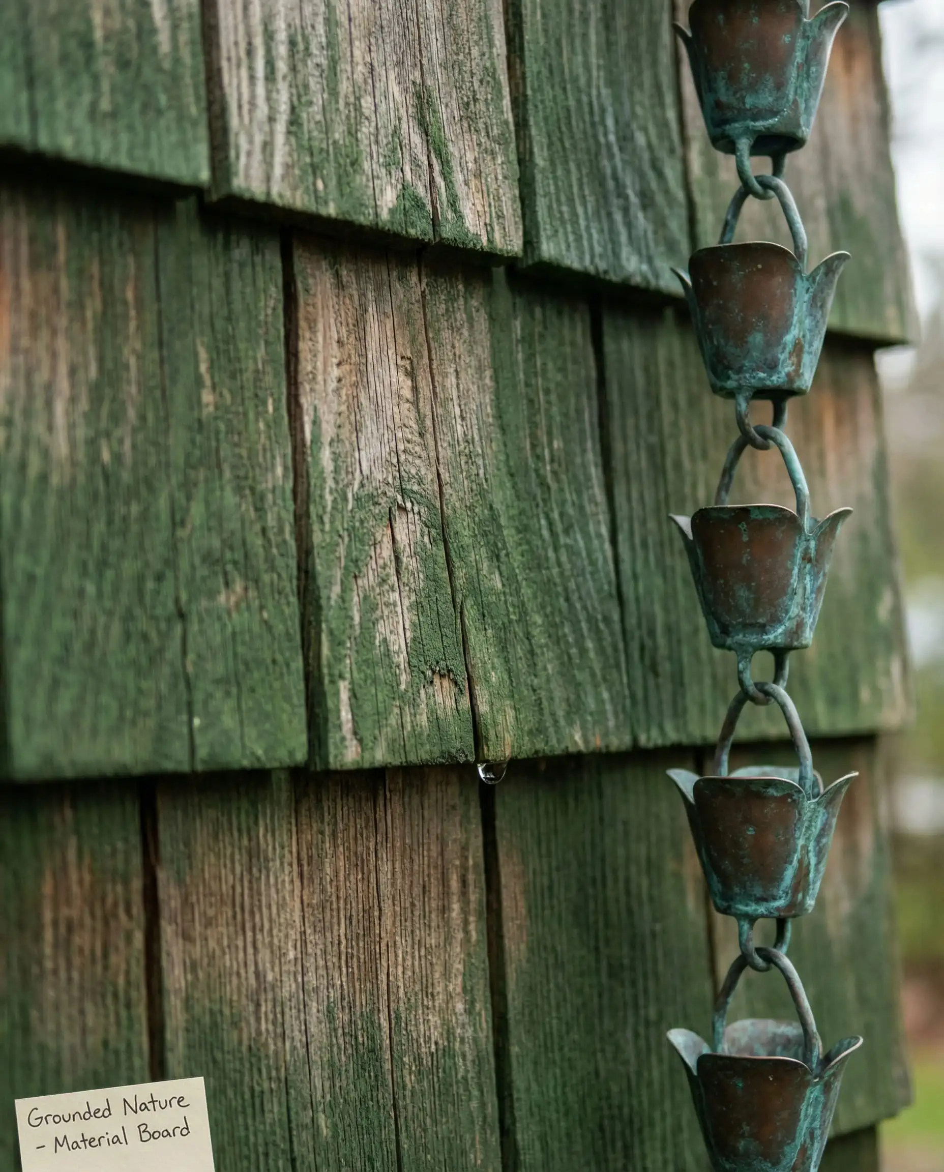 Close-up texture shot of cedar shake shingles painted in a semi-transparent moss green with a copper rain chain.