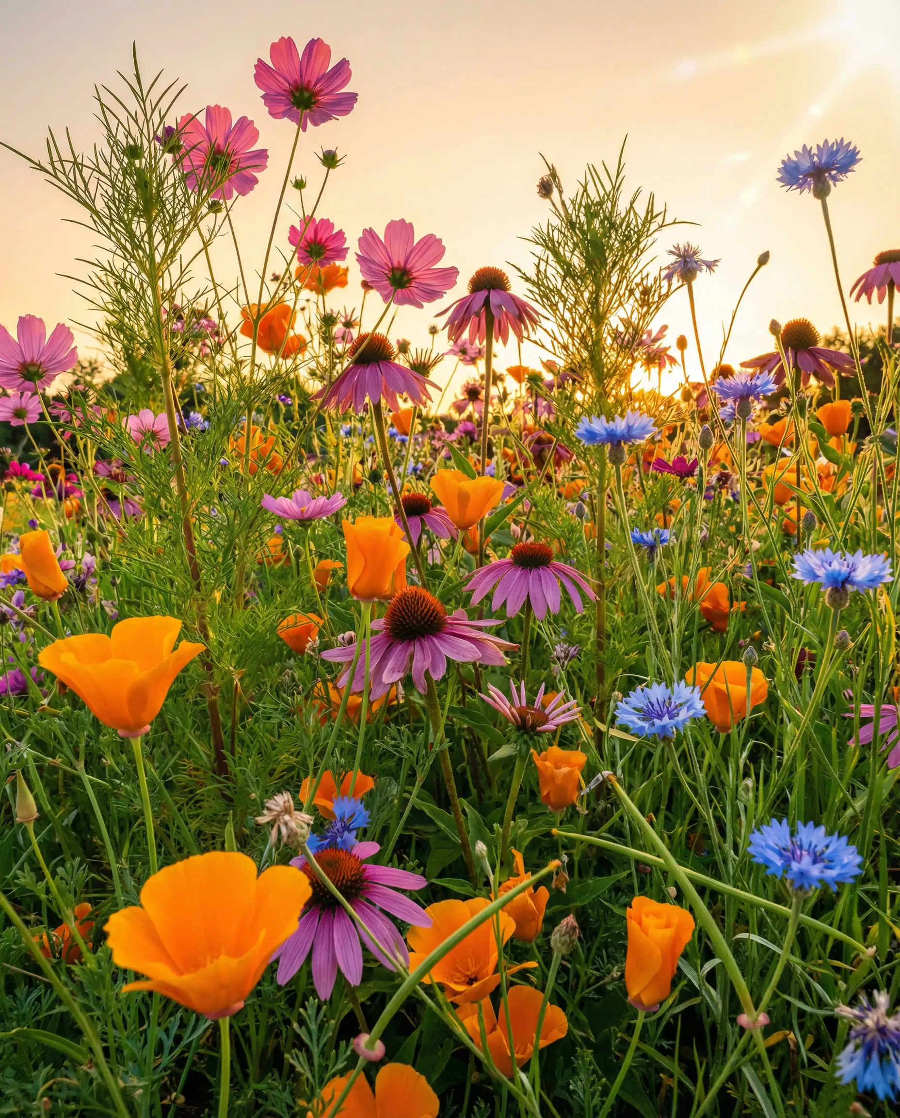 Vibrant chaos garden bed filled with orange poppies, pink cosmos, and purple coneflowers growing naturally.