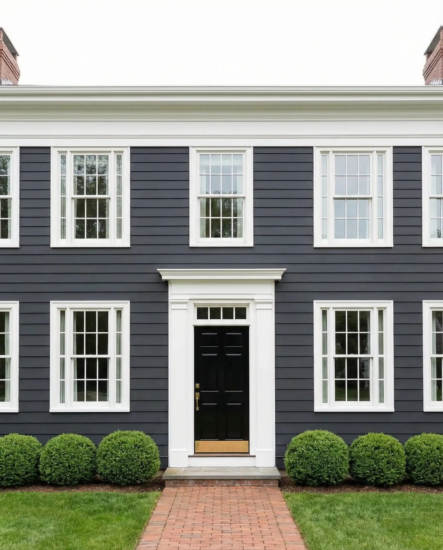 A symmetrical Colonial style house painted in deep charcoal grey with high-contrast white window trim and columns.