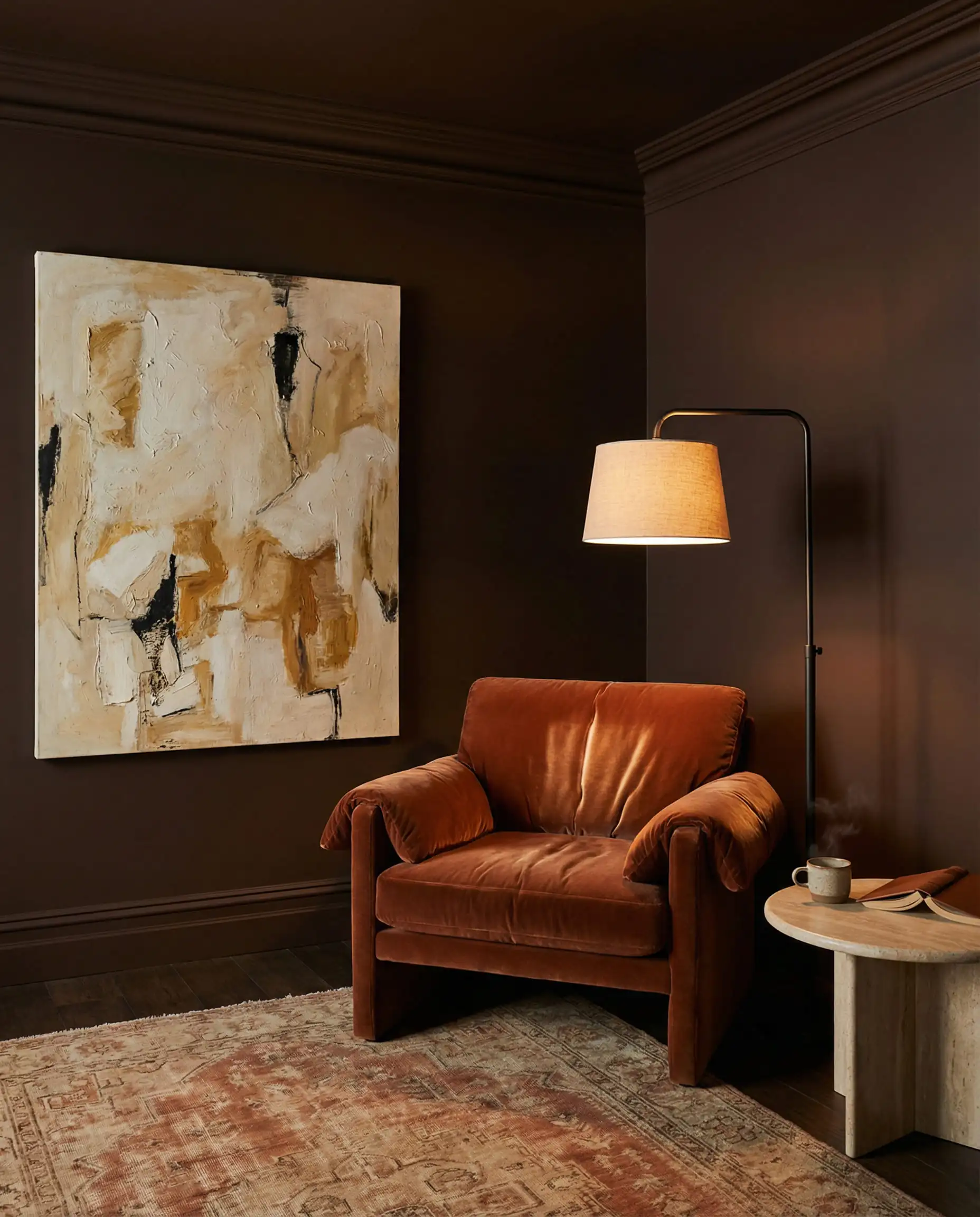 Moody living room with walls and ceiling painted in deep chocolate brown featuring a rust velvet armchair.