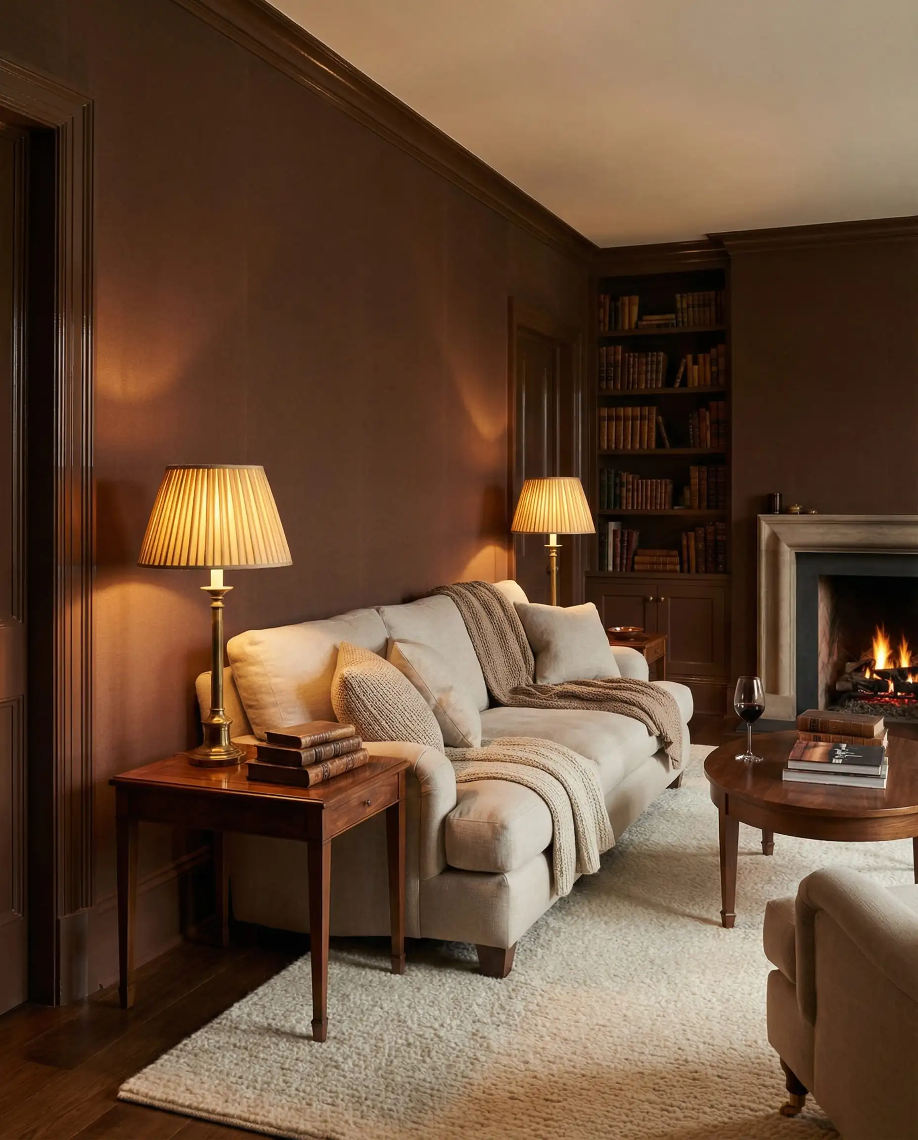 Cozy living room fully wrapped in dark chocolate brown textured wallpaper with warm ambient lighting.