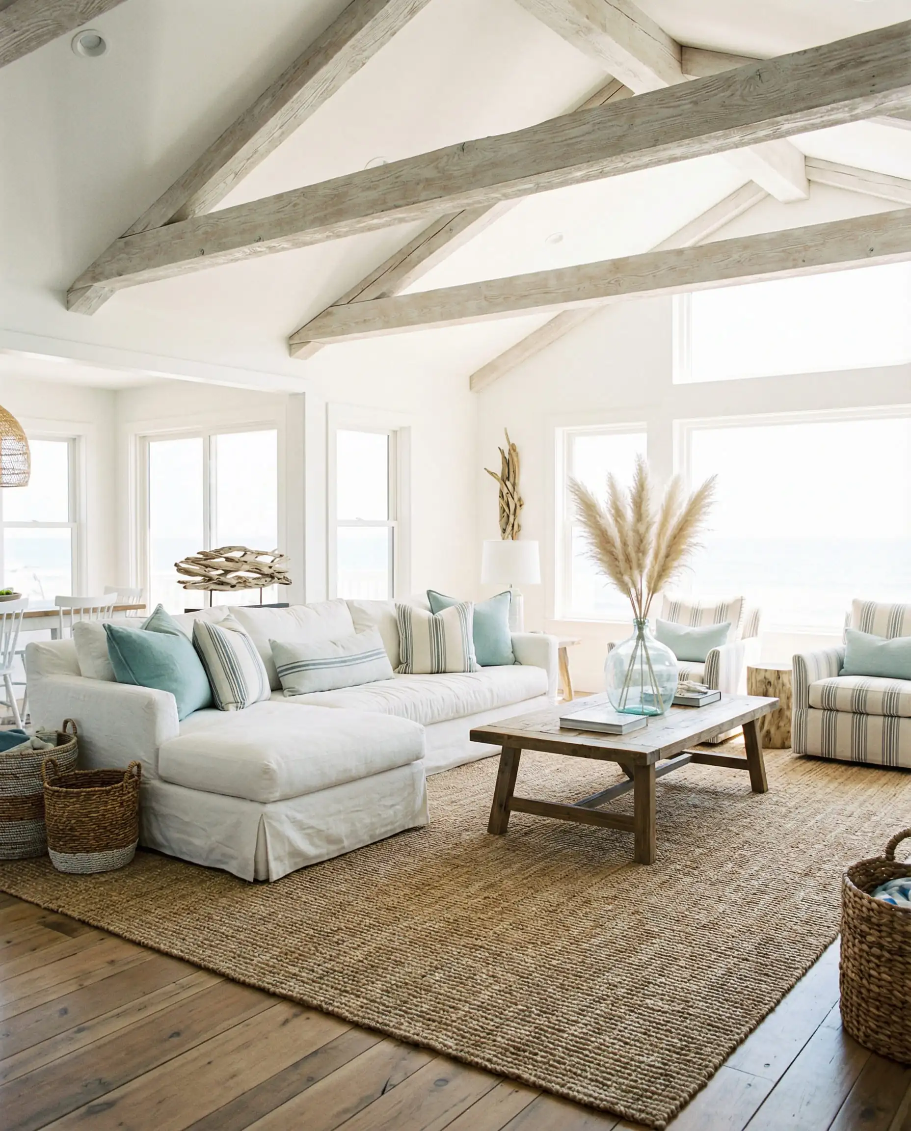Bright living room with bleached oak beams, white slipcovered sofa, and blue accents.