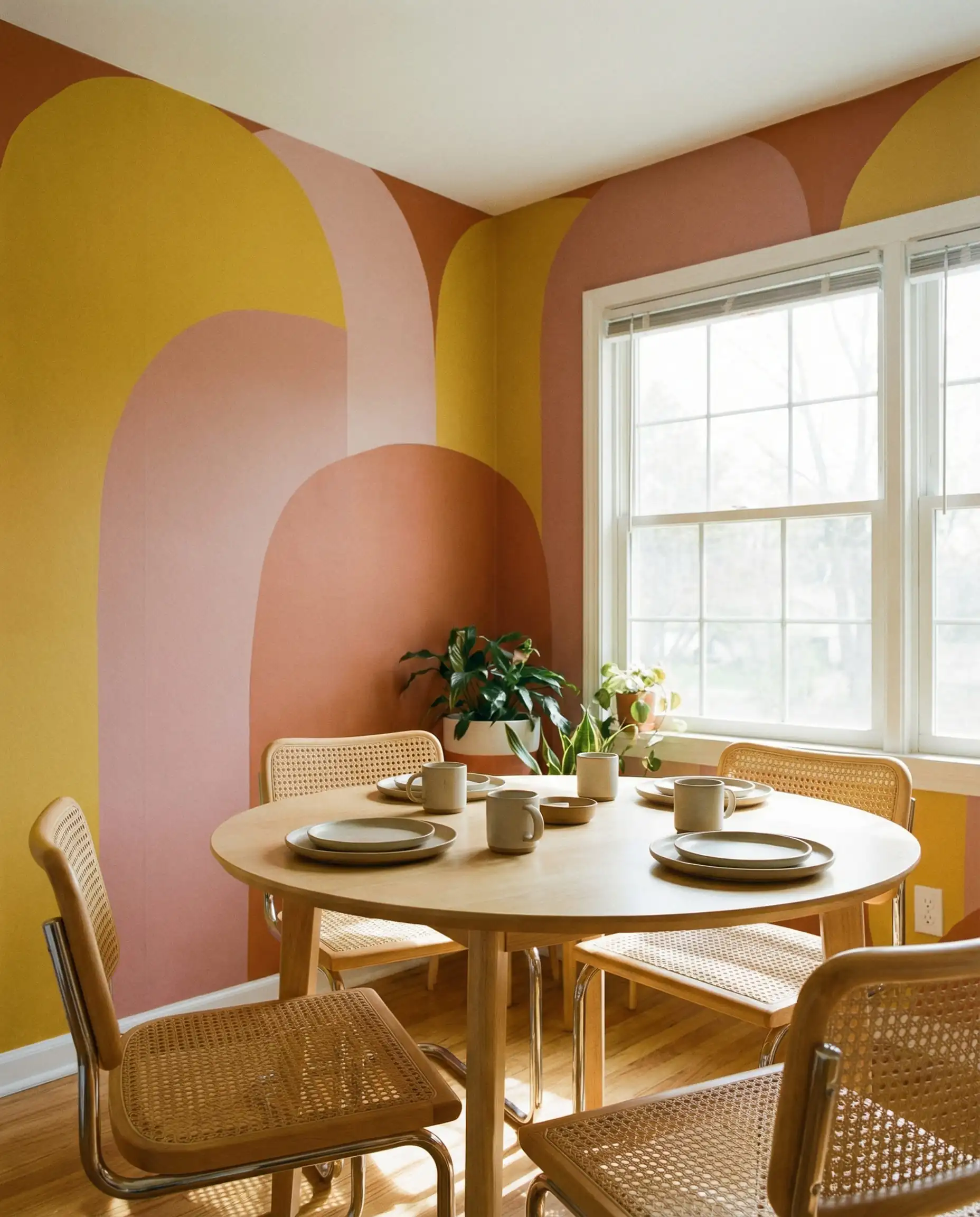 Coin repas avec papier peint à blocs de couleur à grande échelle avec des arches douces en moutarde et terre cuite.